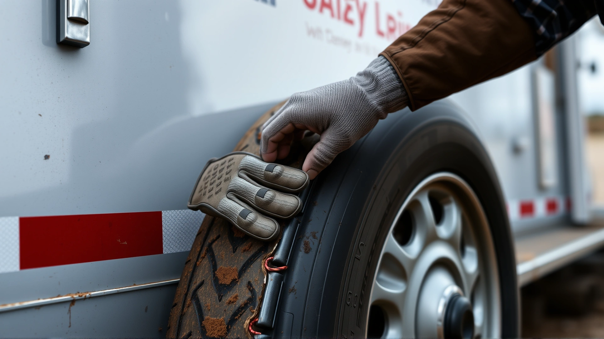 Close-up of a person wearing riding gloves inspecting the tire and wheel of a horse trailer, highlighting safety checks.