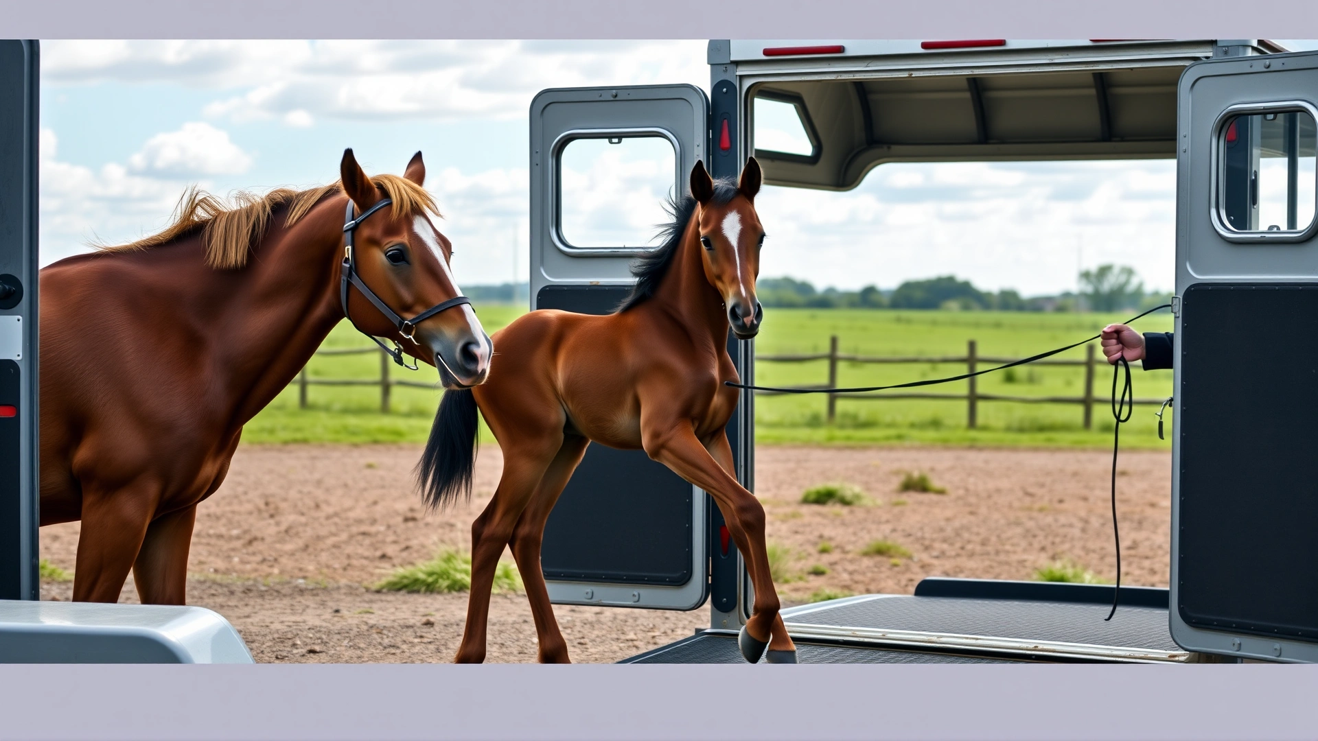 Foal stepping into an open horse trailer beside its dam, encouraged by a trainer holding the lead; spacious rural backdrop