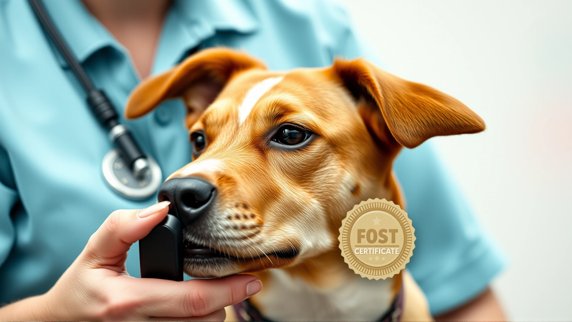 Close-up of a dog trainer holding a clicker and a certificate badge, shallow depth of field