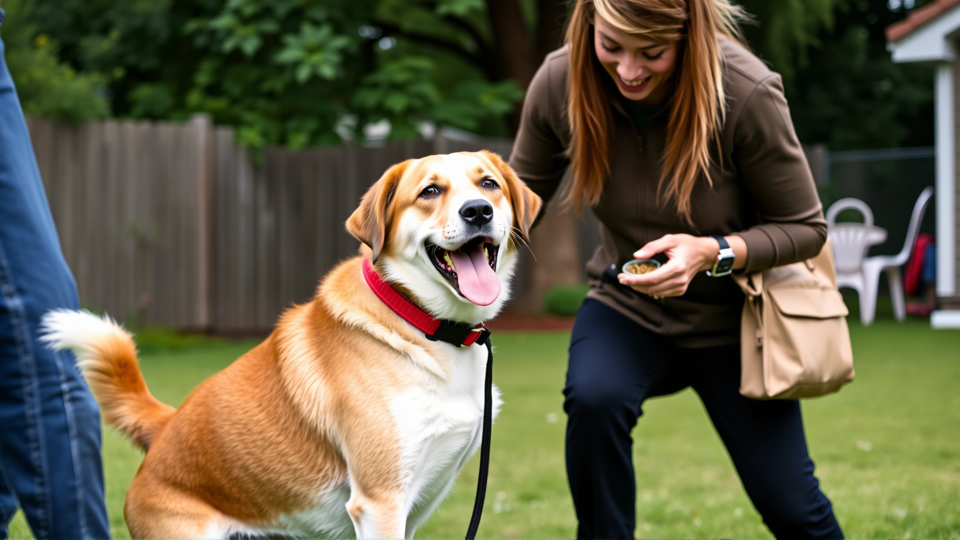 Certified dog trainer guiding an owner and dog through a simple exercise in a backyard, with clicker and treat pouch visible.