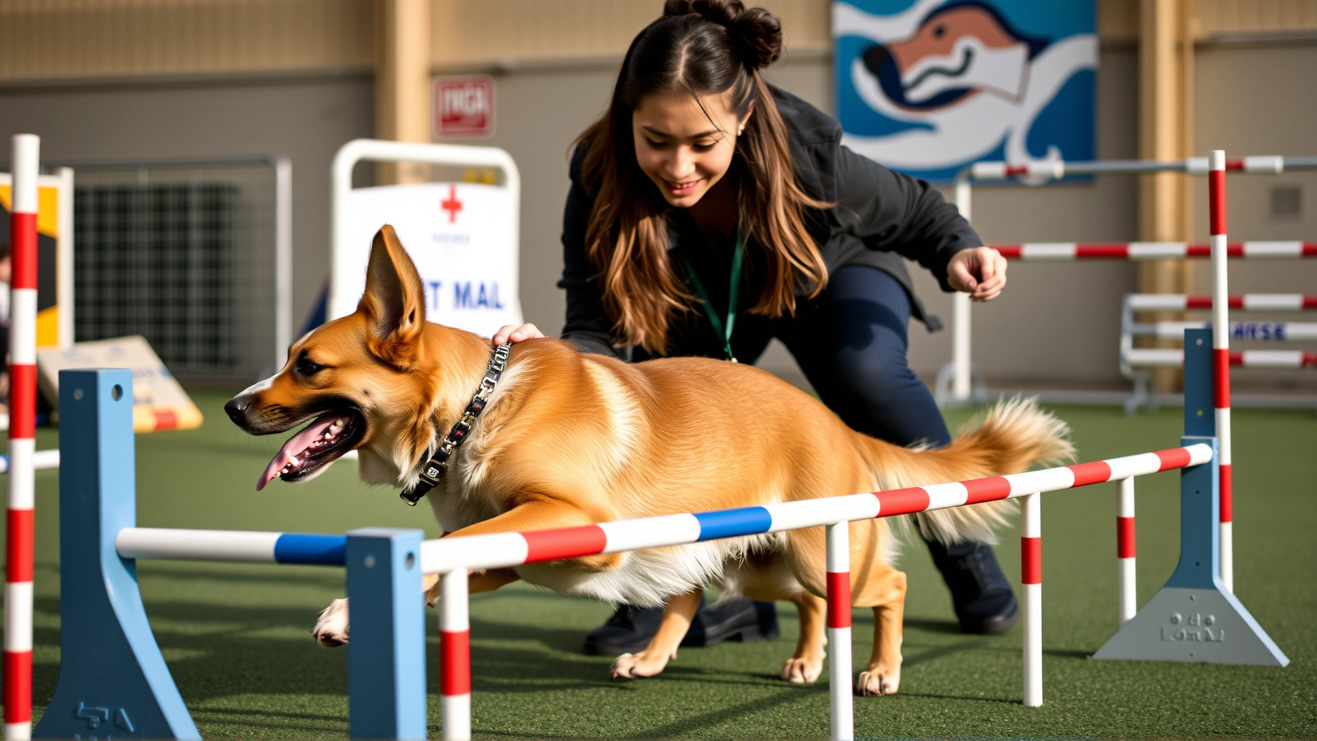 A professional dog behaviorist guiding a dog through a confidence-building obstacle course, rewarding with treats