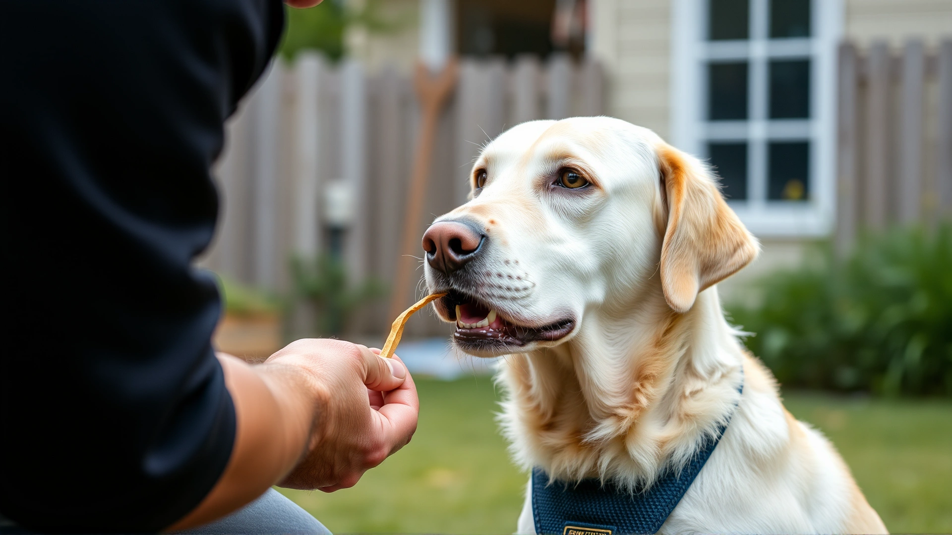 A professional dog trainer giving a small treat to a focused dog during a short training session in a backyard