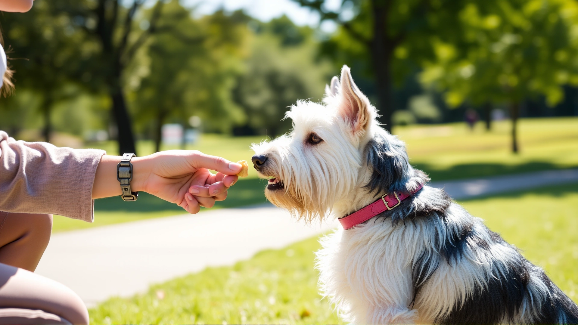 Positive-reinforcement training scene: owner holding a treat while the Glen of Imaal Terrier performs a sit command in a sunny park