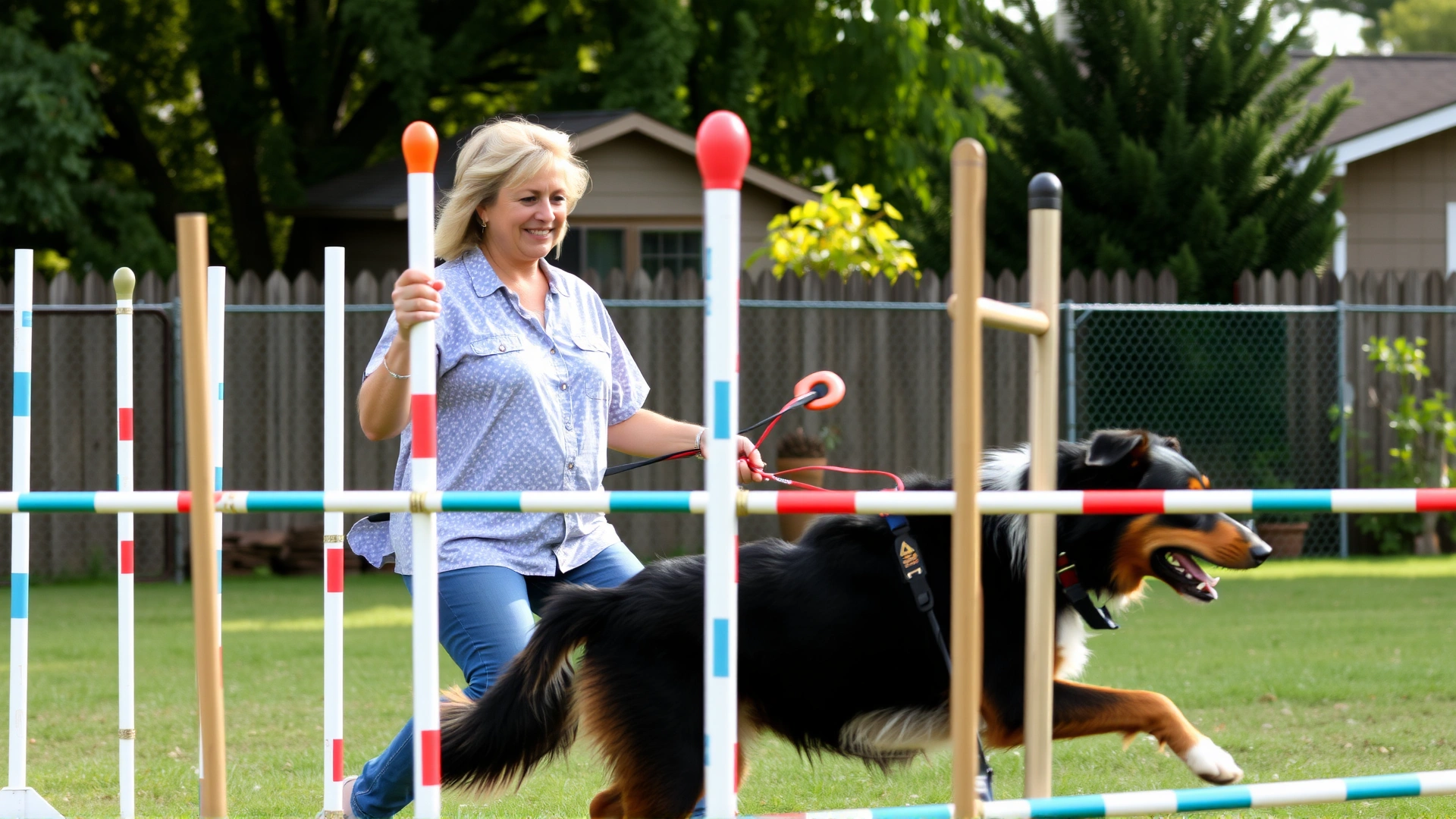 Owner guiding a Texas Heeler through agility weave poles in a backyard, positive interaction, sunny day
