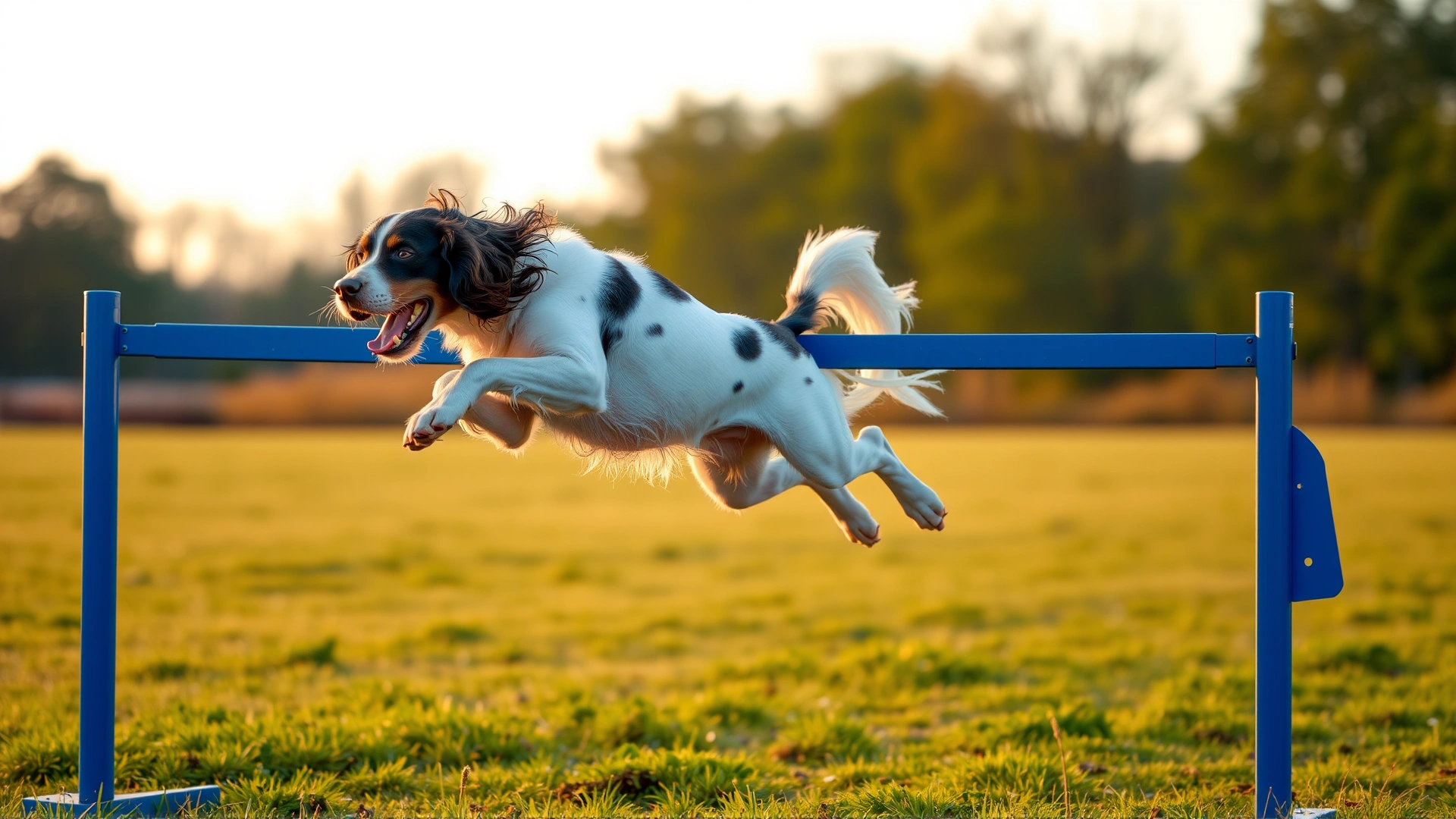 English Springer Spaniel leaping over a blue agility hurdle on a grassy field at golden hour, caught mid-air.