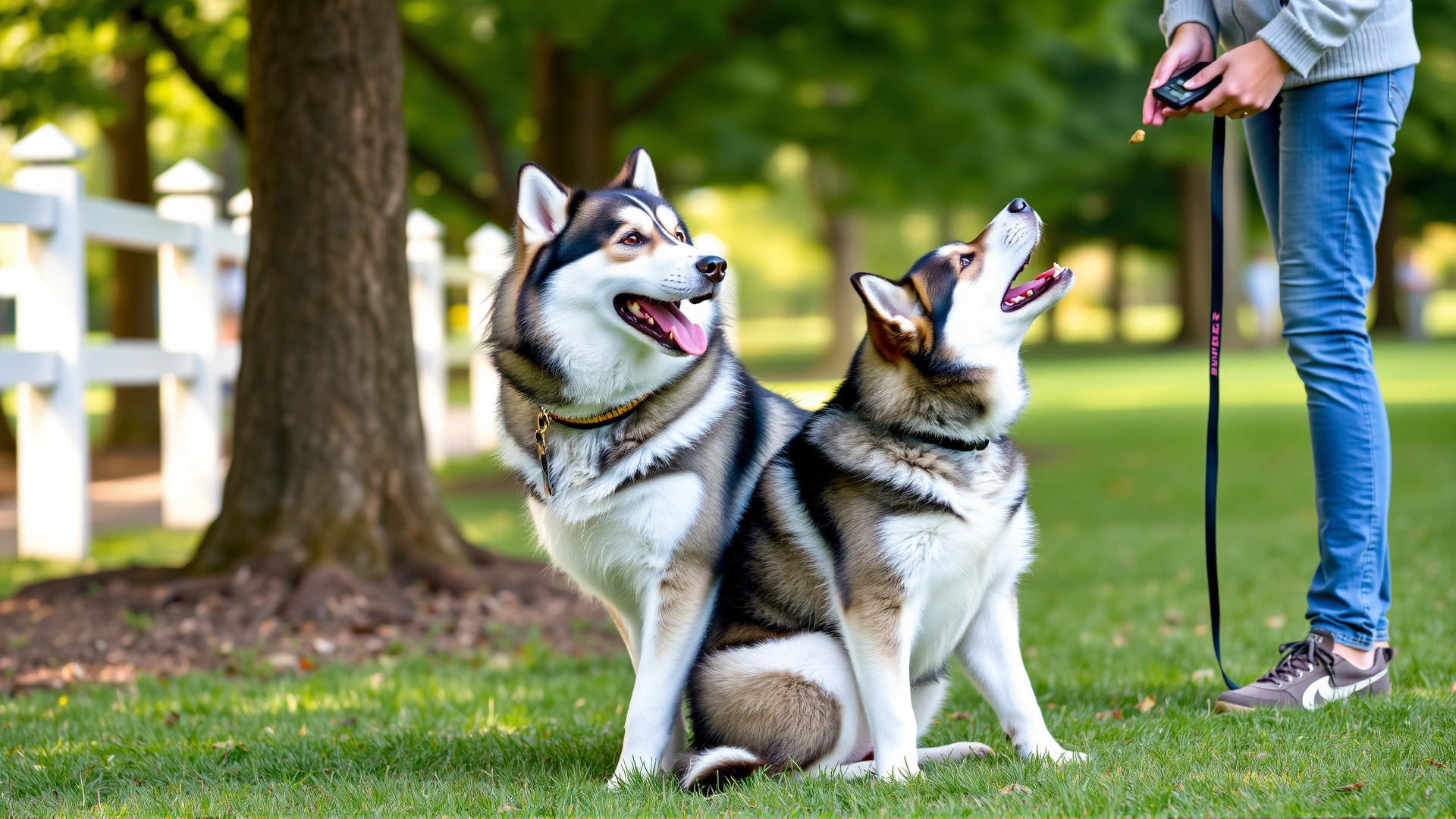 Young Alaskan Malamute performing a sit command while receiving a treat from its trainer in a park environment.