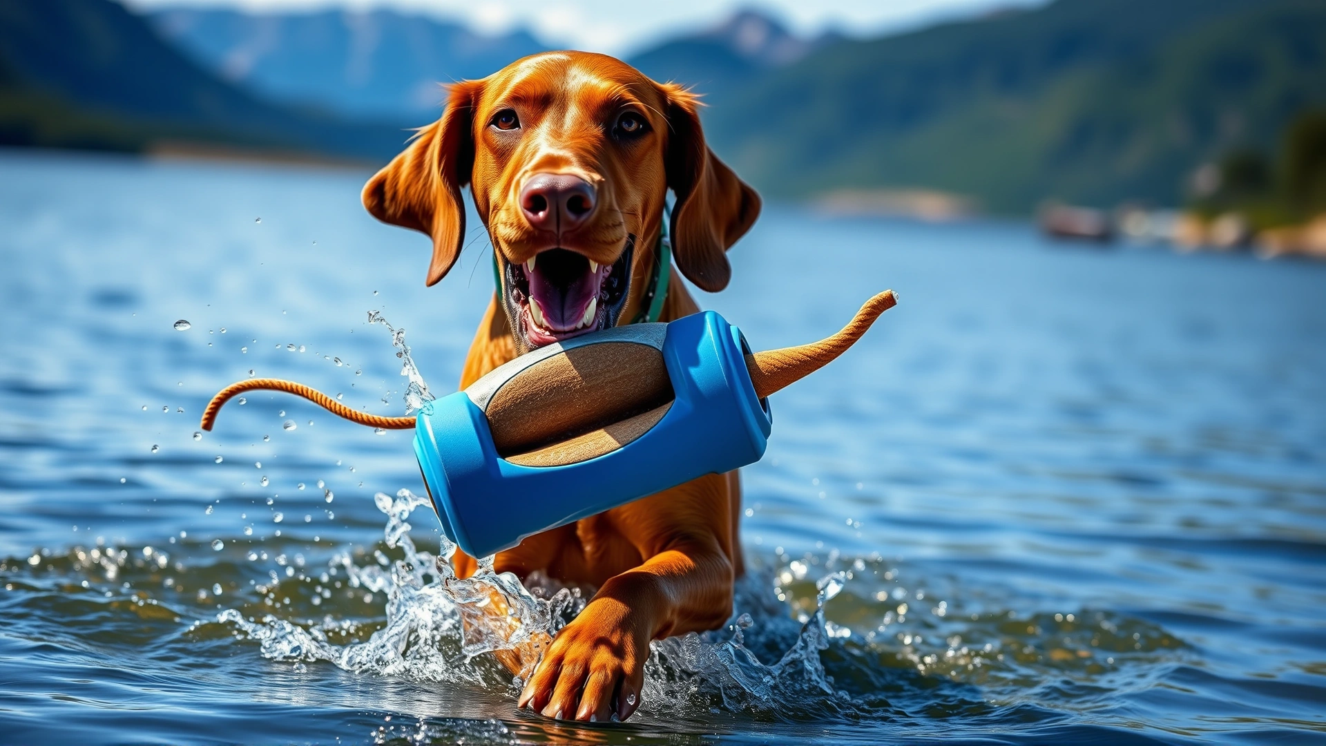 Athletic Wirehaired Vizsla emerging from a lake with a training dummy in its mouth, water droplets flying, mountains in the background, action shot.