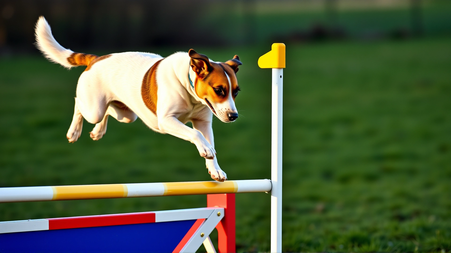 Parson Jack Russell Terrier leaping over a bright agility hurdle during an outdoor training session, frozen mid-air
