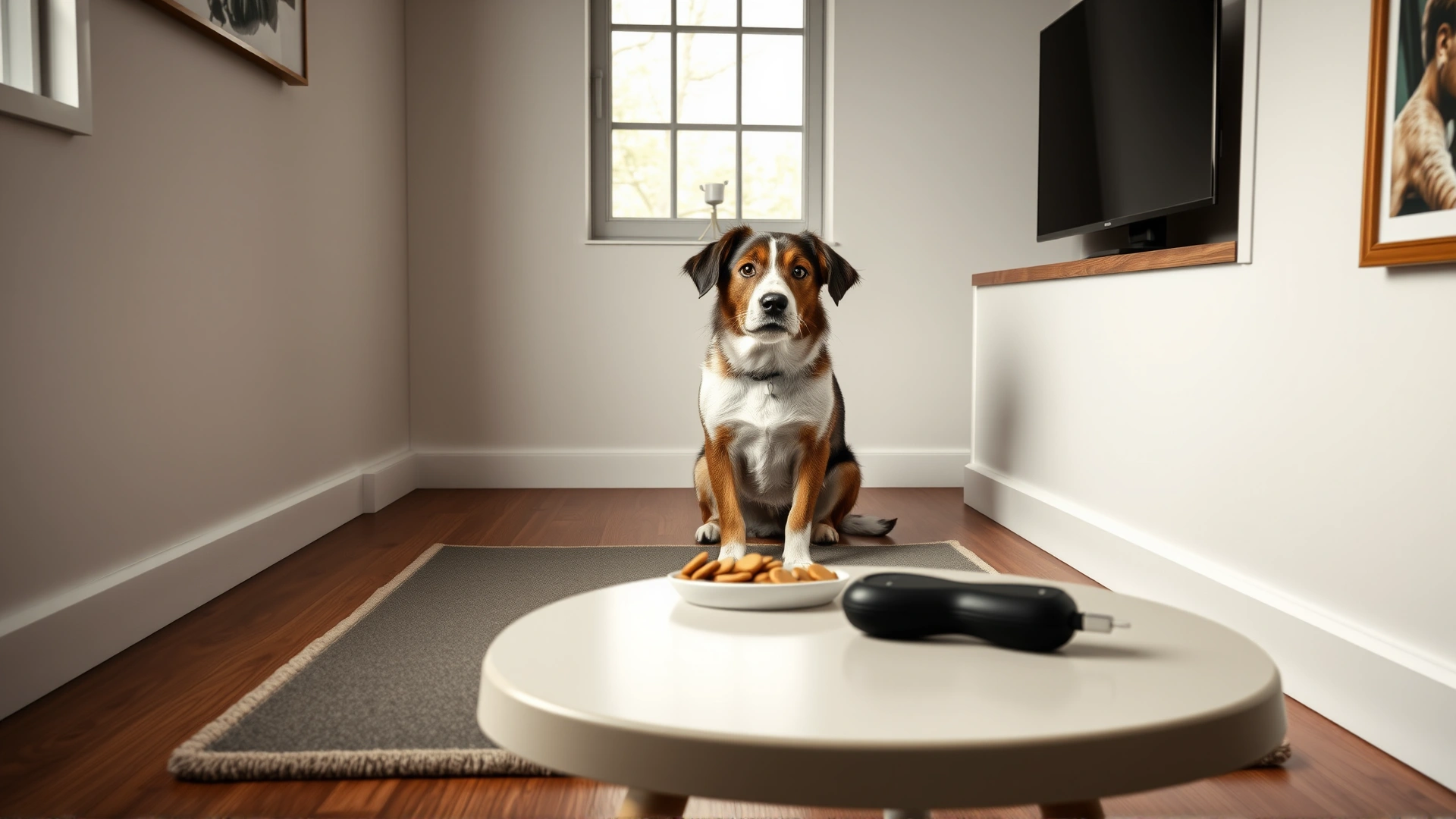 Calm indoor corner prepared for pet training with a soft mat, a small table holding treats, and a clicker in focus; no text visible
