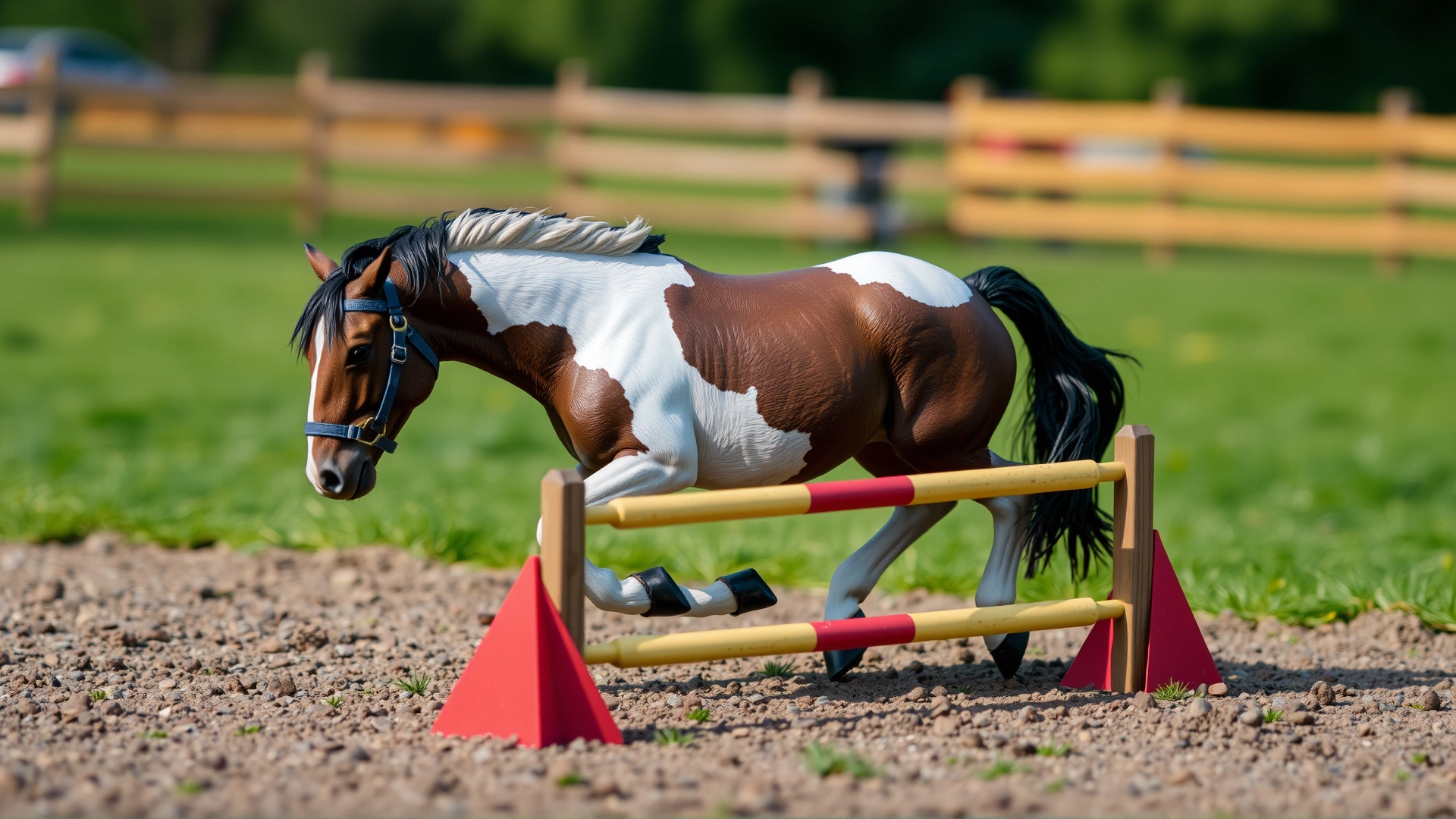 Miniature horse navigating a small obstacle course in an outdoor arena