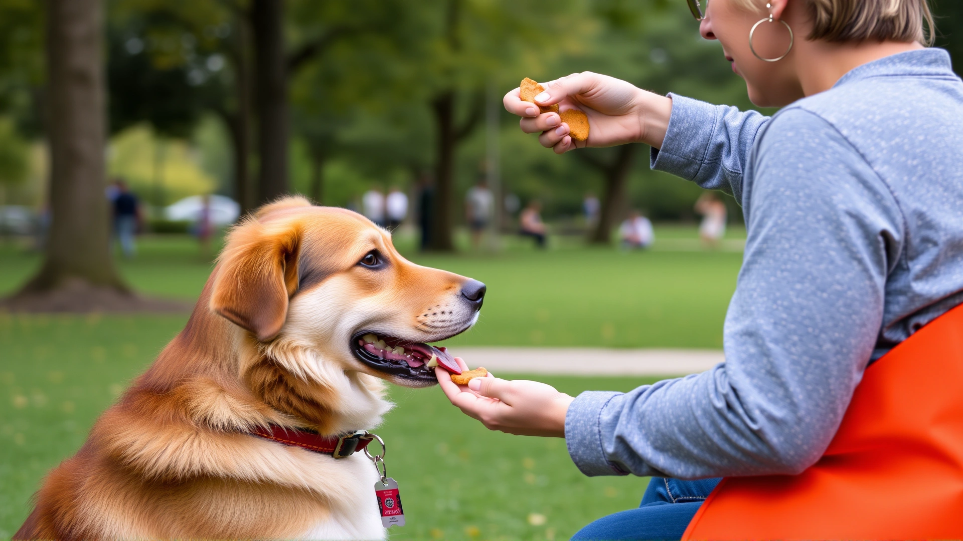 Owner giving a 'sit' command in a park with treats in hand and dog focusing attentively.