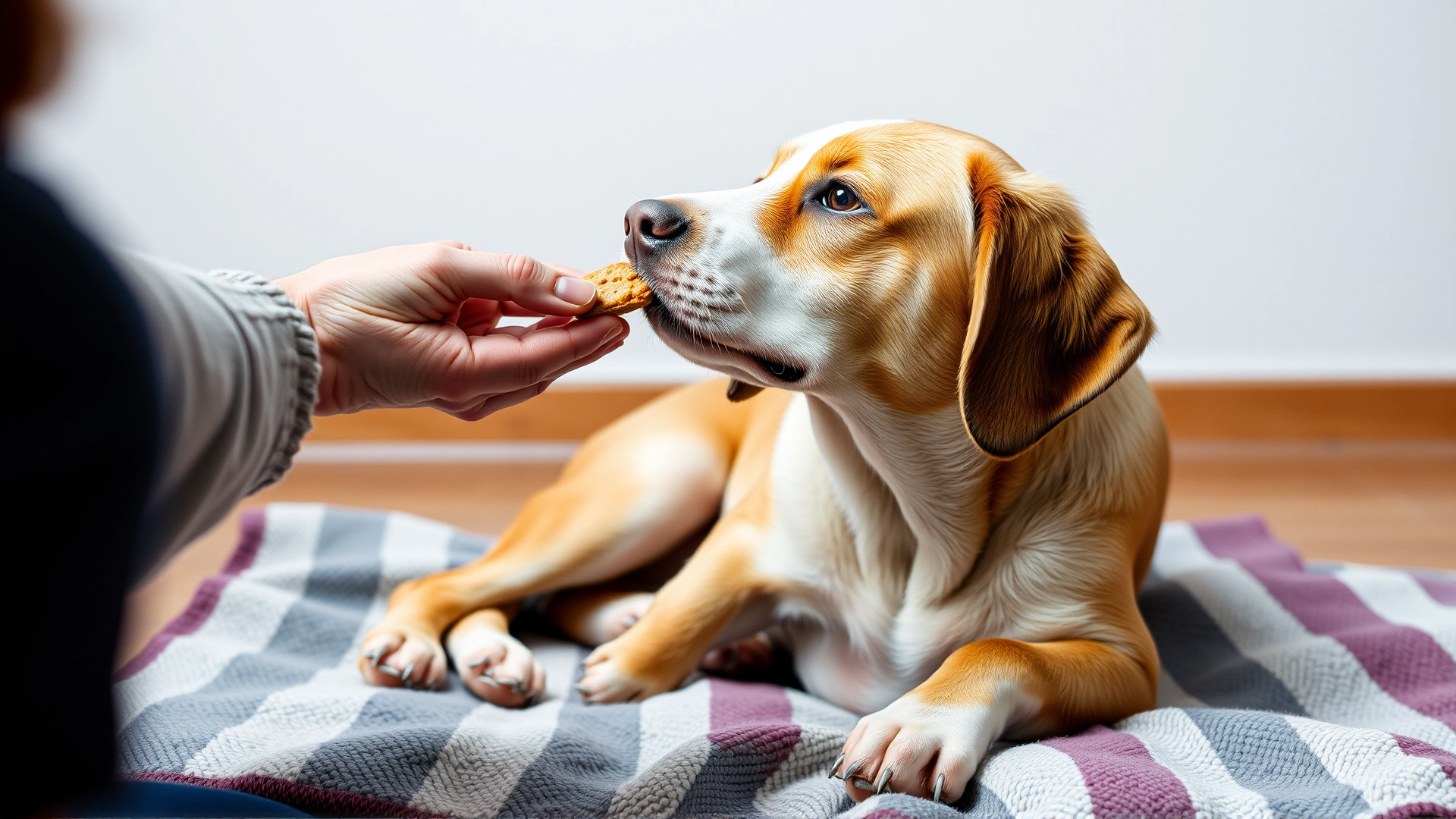 A dog being rewarded with a treat for sitting calmly on its designated blanket, positive reinforcement concept