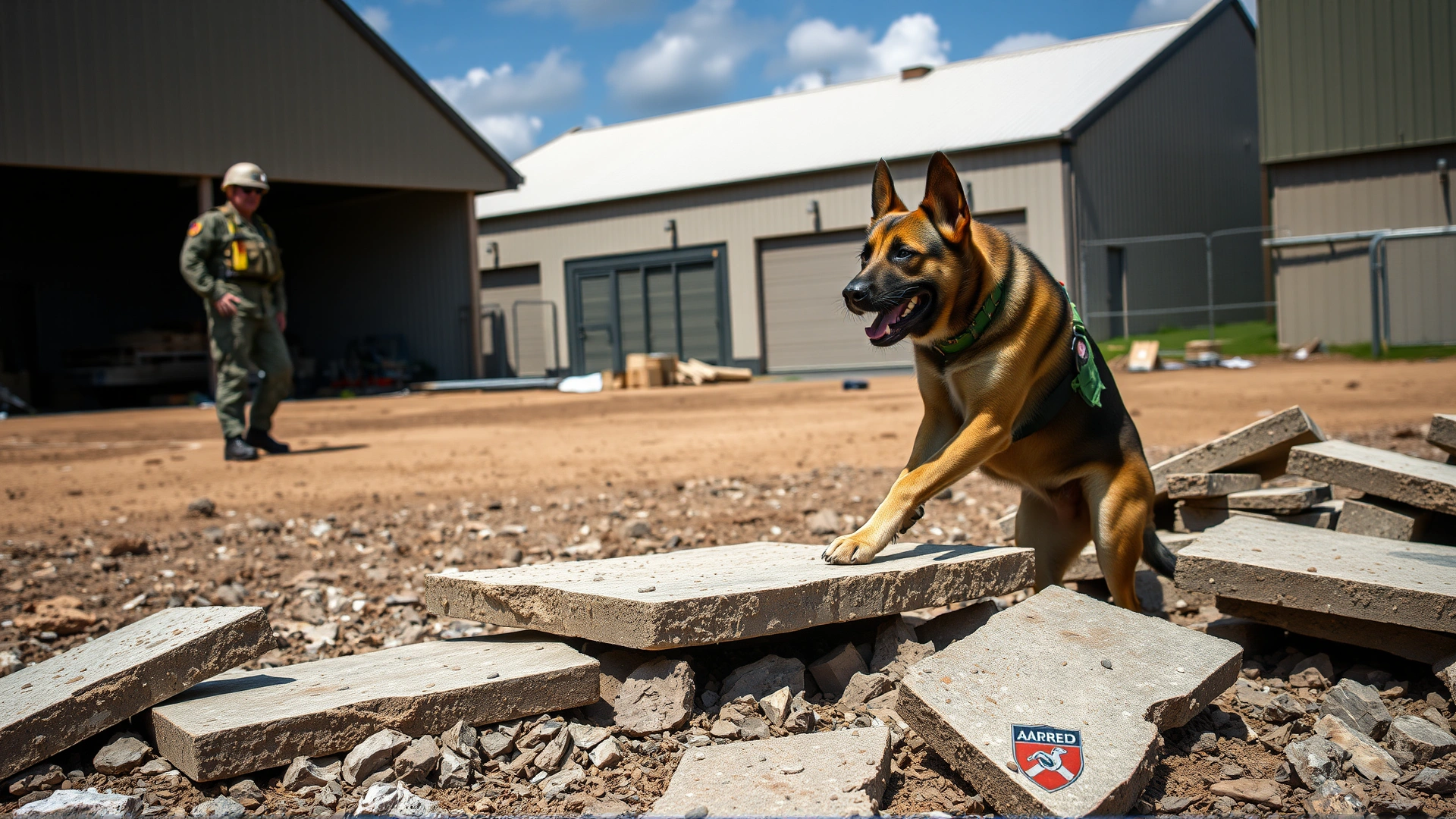 Adult search-and-rescue dog climbing a pile of collapsed concrete slabs at a dedicated training facility, handler watching nearby.