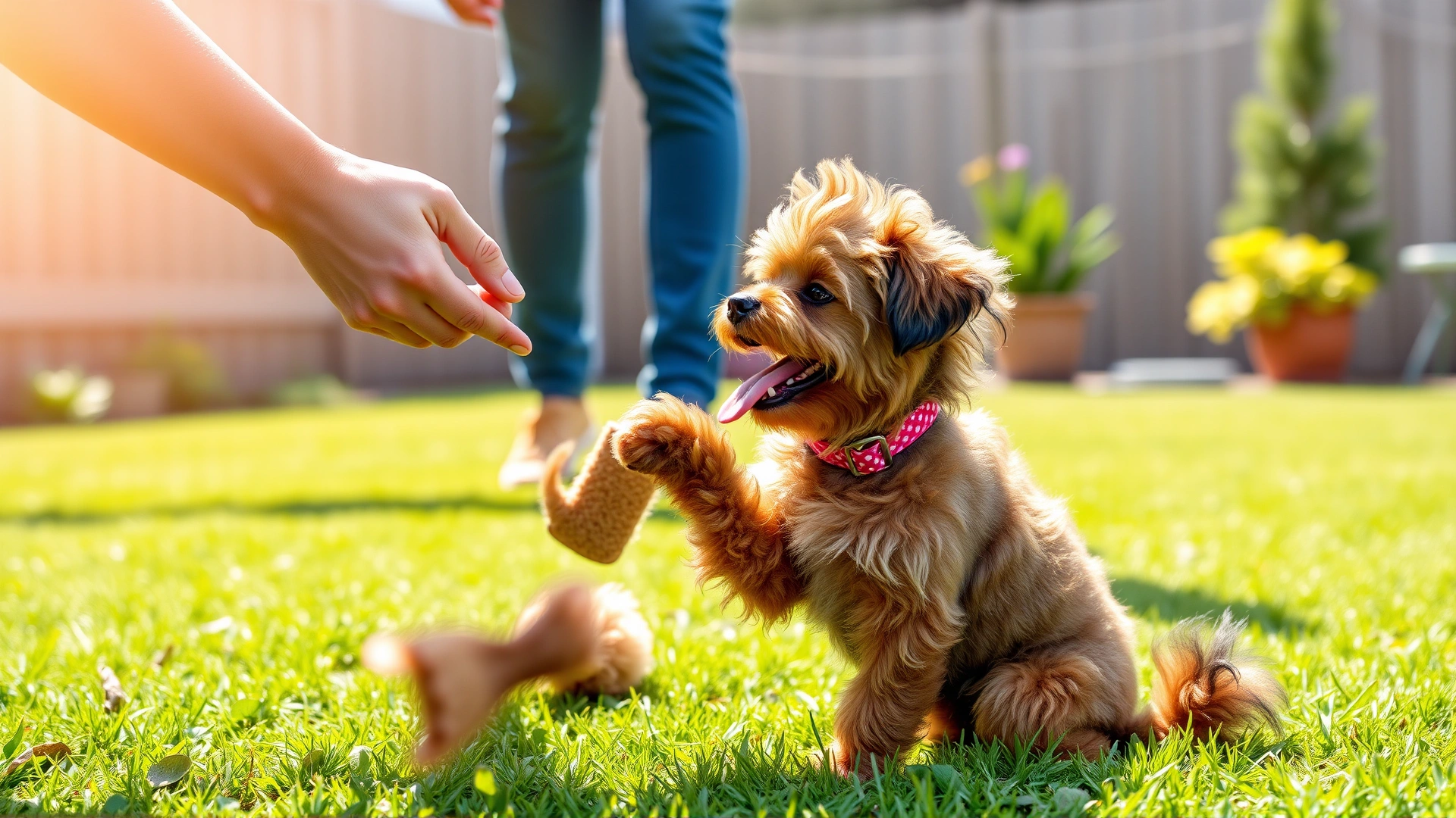Young Chi-Poo performing a sit command while trainer offers a treat in a backyard, positive reinforcement training session, sunny day, high resolution