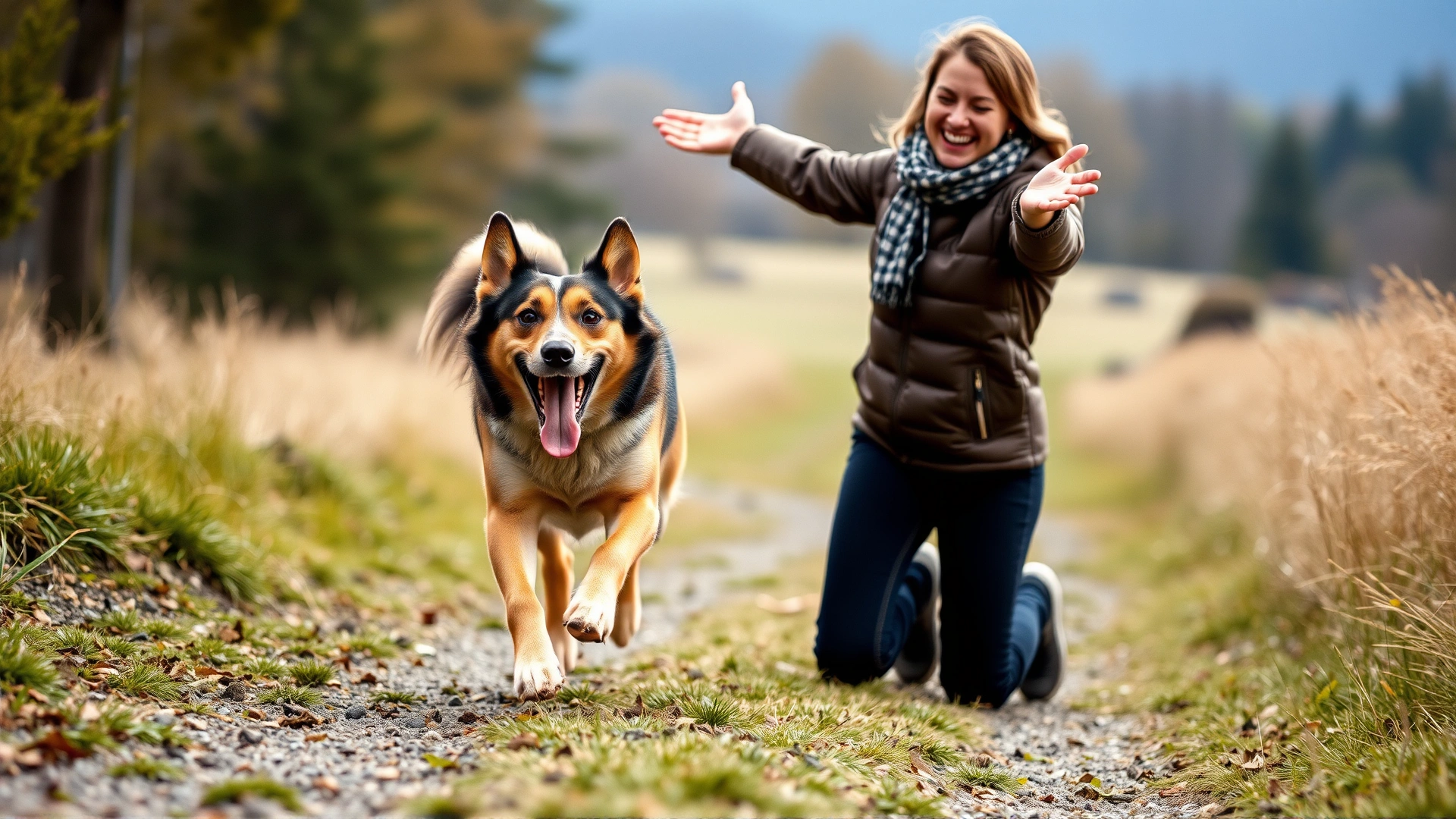 Excited dog running toward owner who is kneeling with open arms calling the dog to come