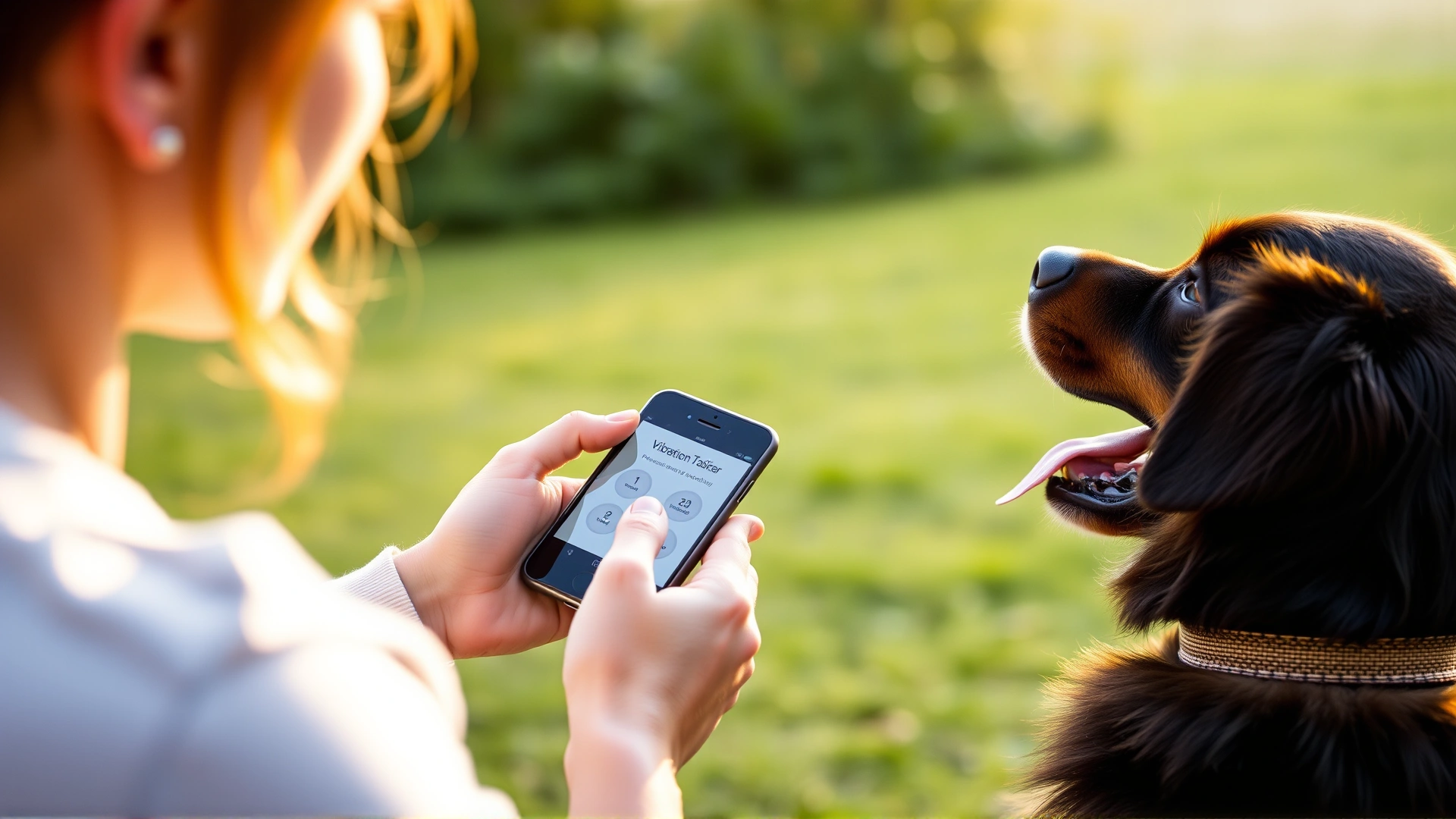 Owner holding a smartphone app that controls a vibration training collar on an attentive dog during an outdoor training session; soft afternoon light