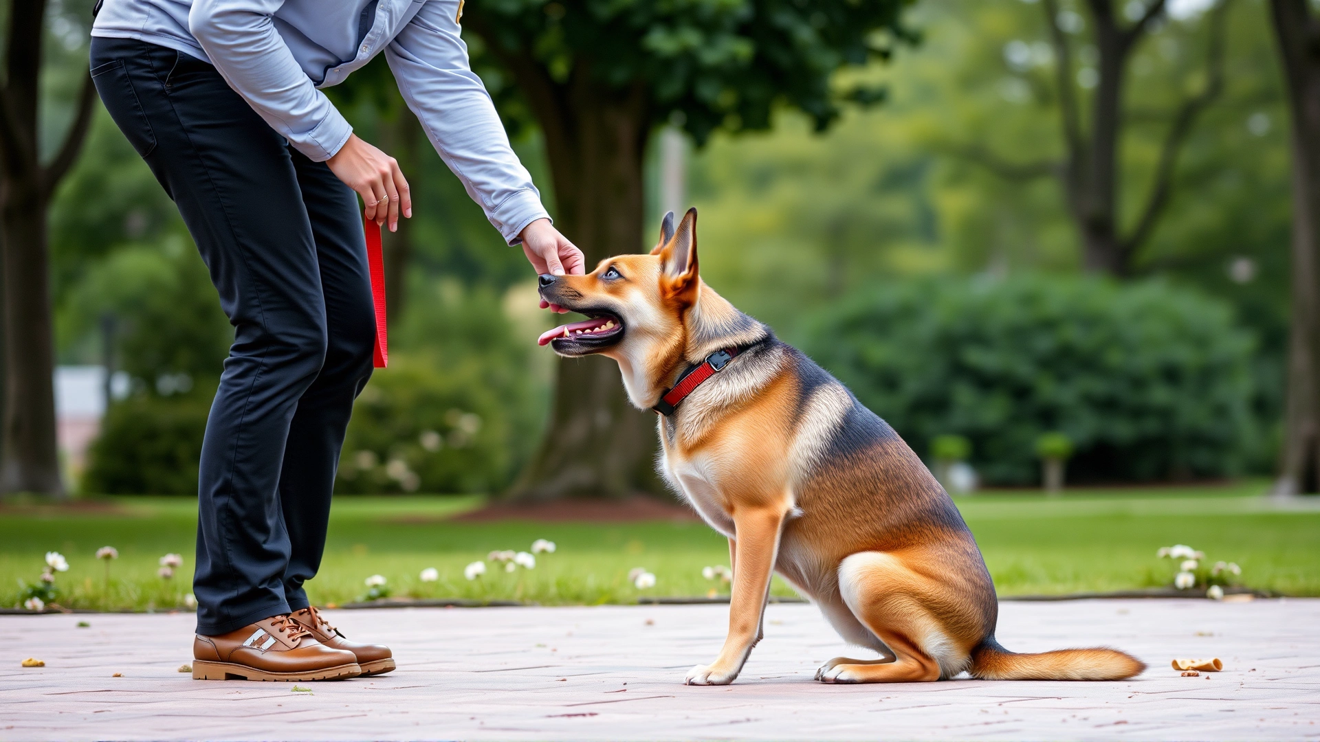 Image of a trainer giving a treat to a Carolina Dog while it performs a “sit” command in a park