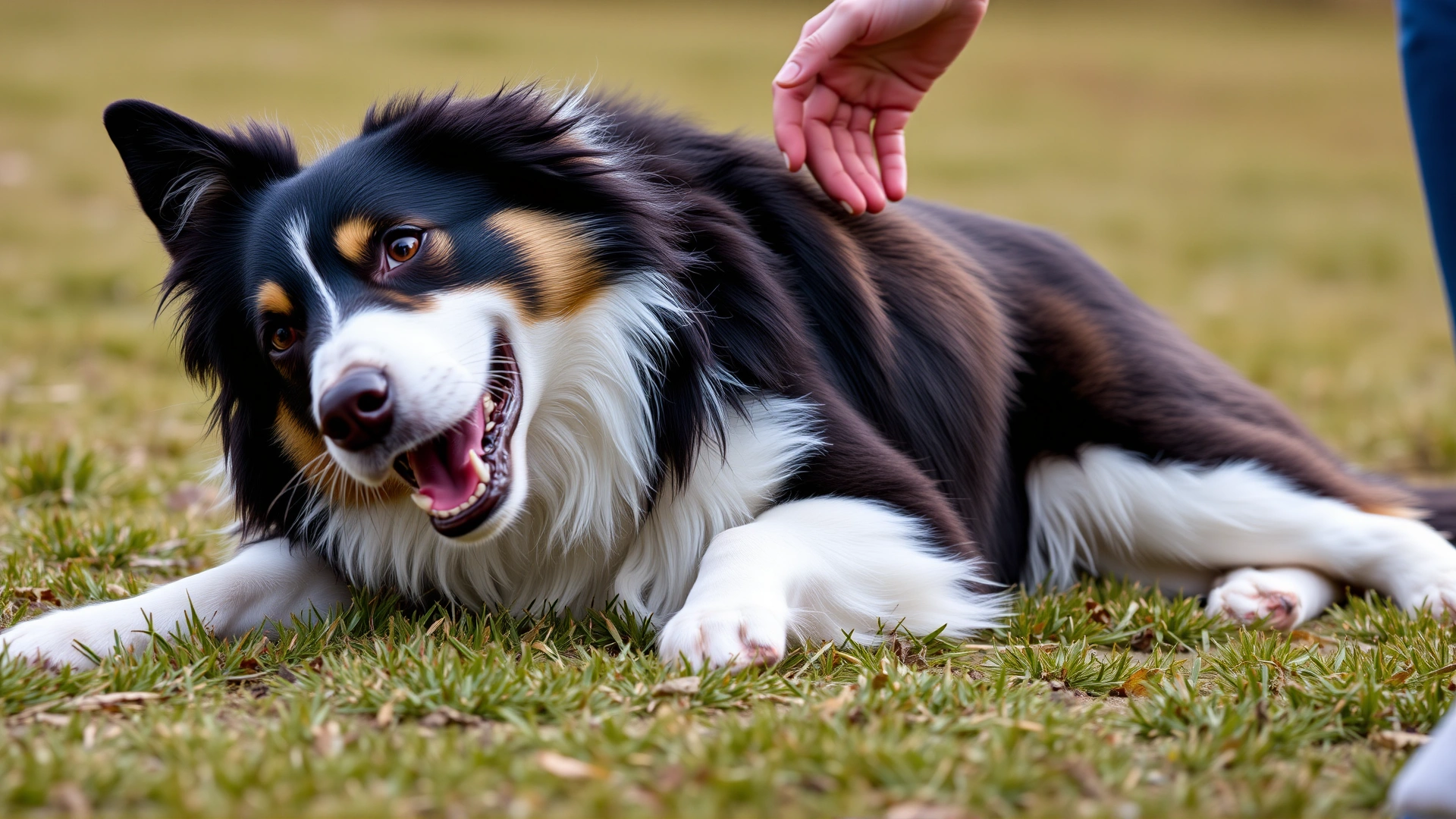 Border collie lying down on grass after following a down command, owner making a gentle hand signal