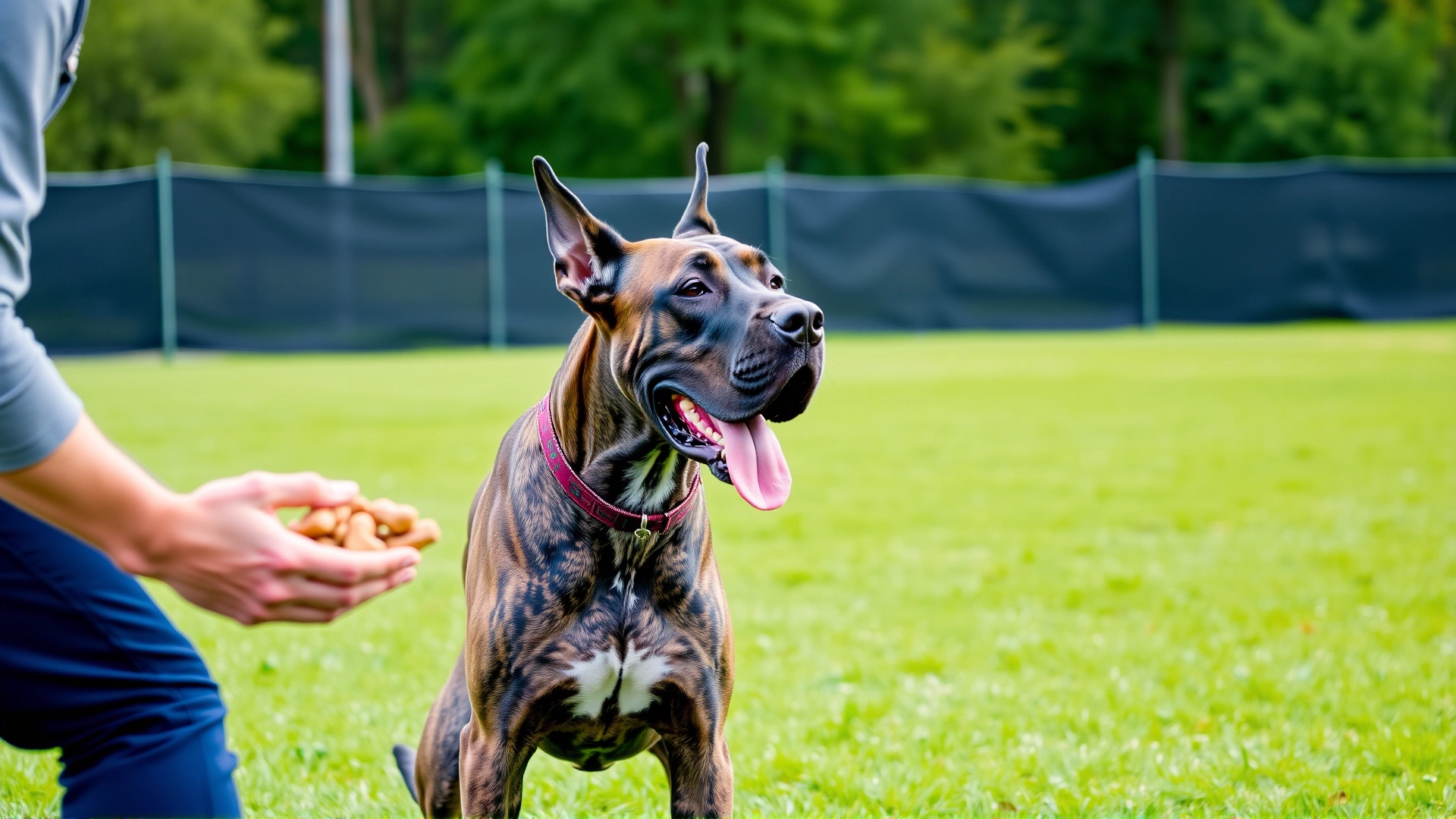 Great Dane performing basic obedience on a grassy training field with a trainer holding treats