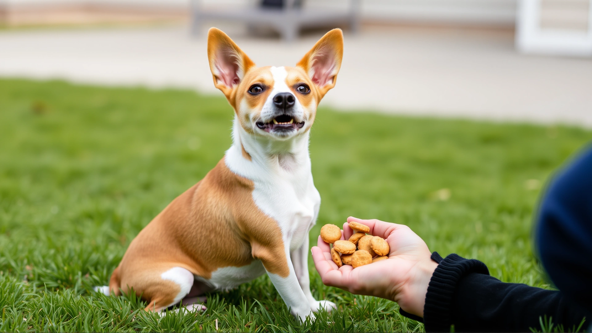 Toy Fox Terrier performing 'sit' command during positive reinforcement training session with treats, grassy yard, no text