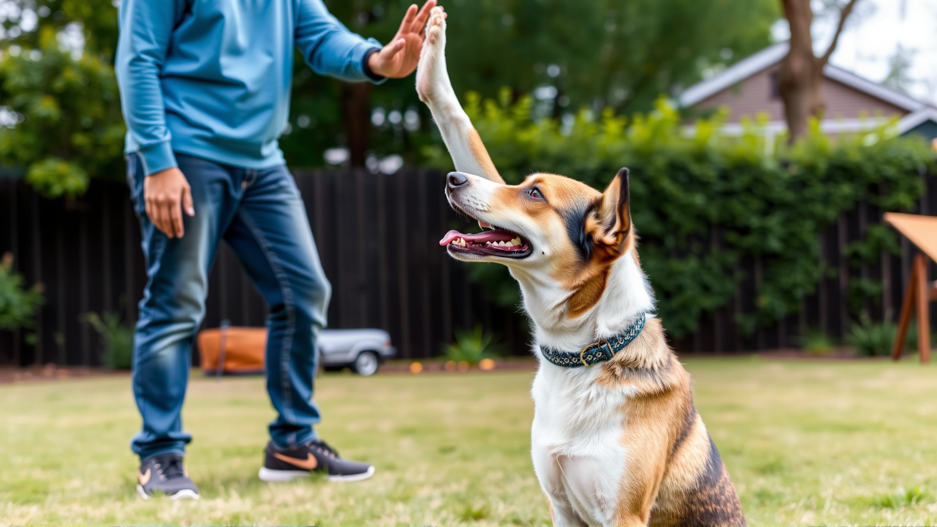 Smiling dog giving a high-five to its trainer in a backyard training session