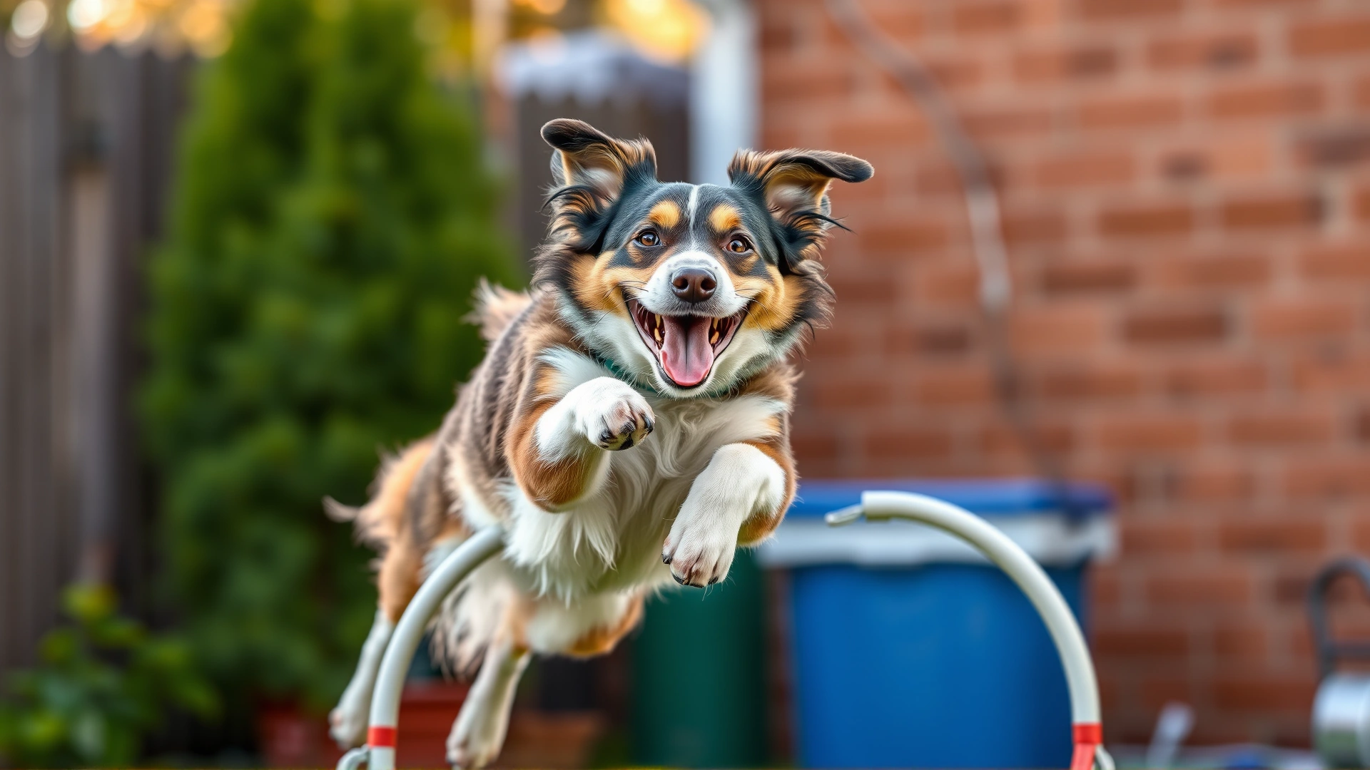 Energetic Bolognese dog mid-air jumping through a small hoop in a backyard, looking happy and focused.