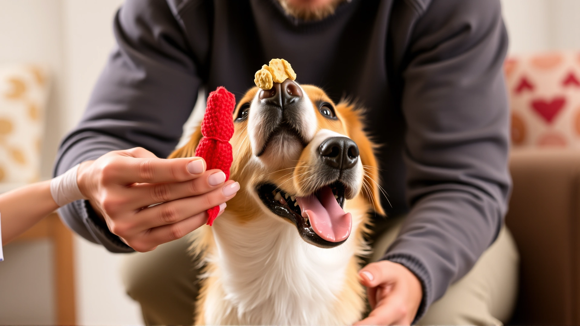 Owner training their dog to drop a toy into their hand using positive reinforcement treats.