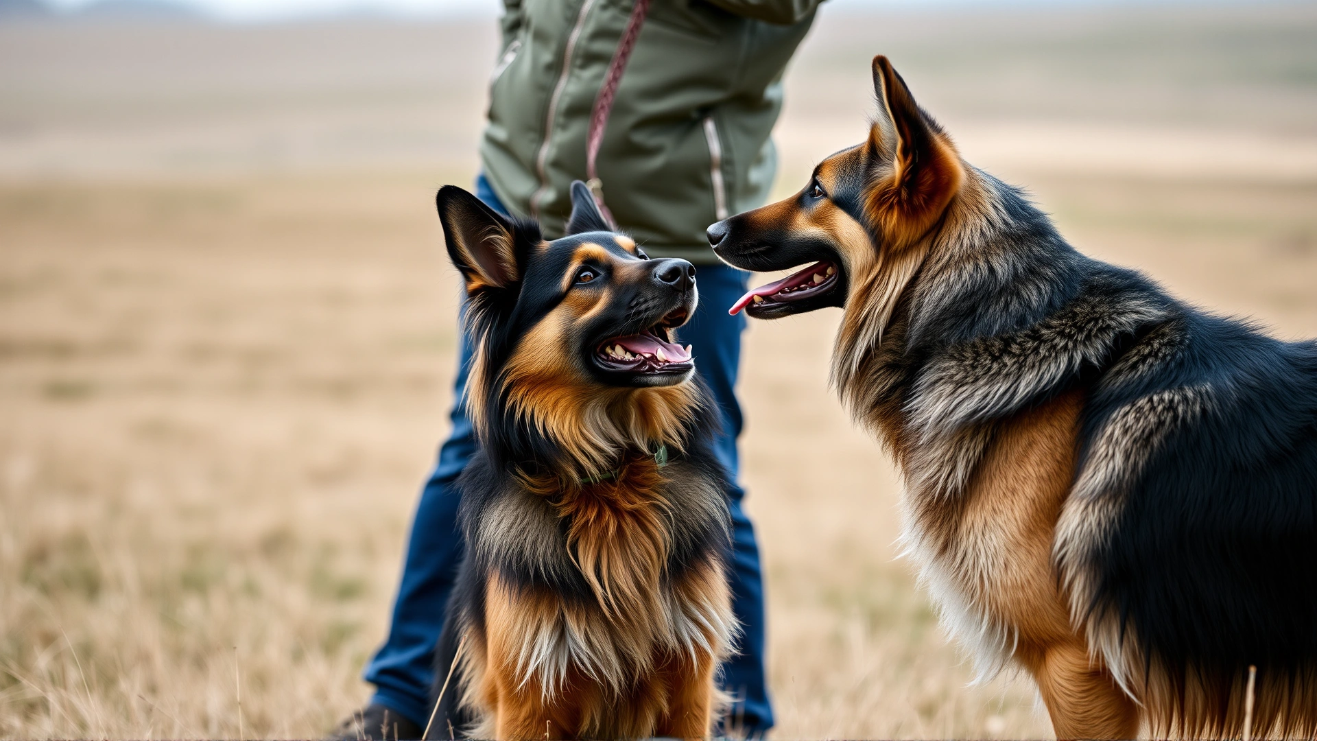 Owner practicing obedience training with a Central Asian Shepherd Dog in an open field using positive reinforcement.