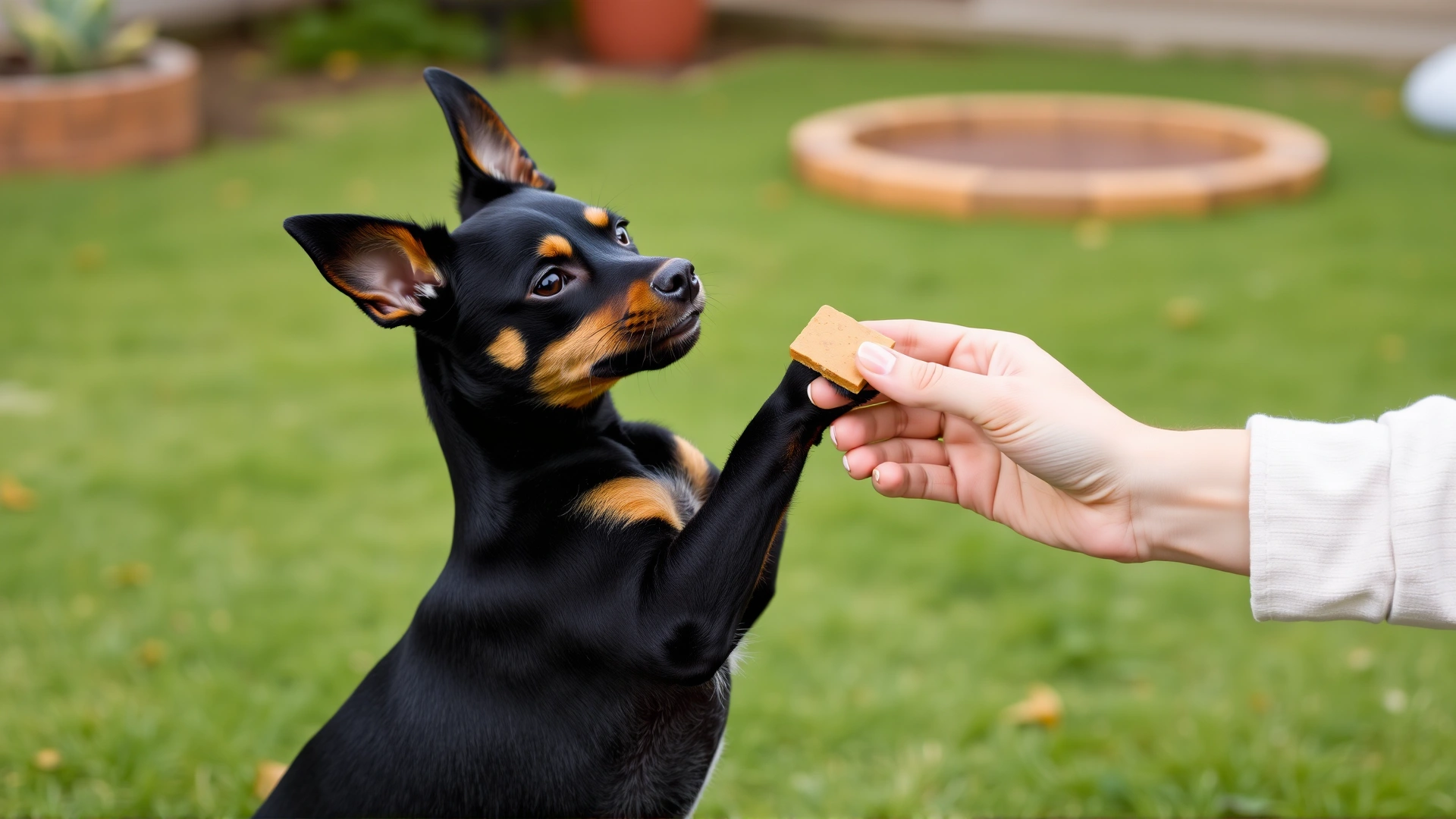 Miniature Pinscher performing a paw shake command with trainer offering a treat in a backyard