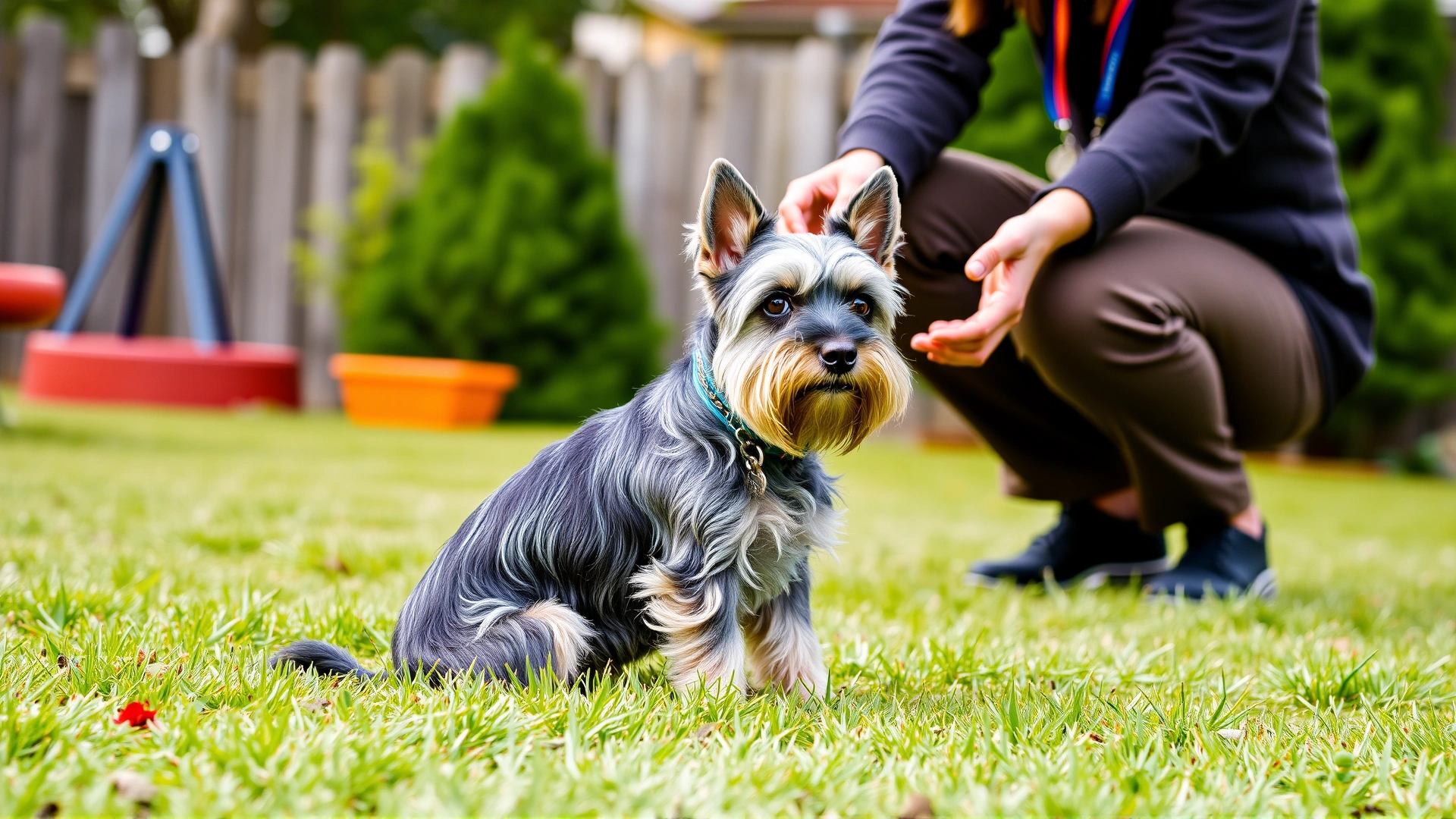 A dog trainer using positive reinforcement with a Miniature Schnauzer performing a sit command in a backyard