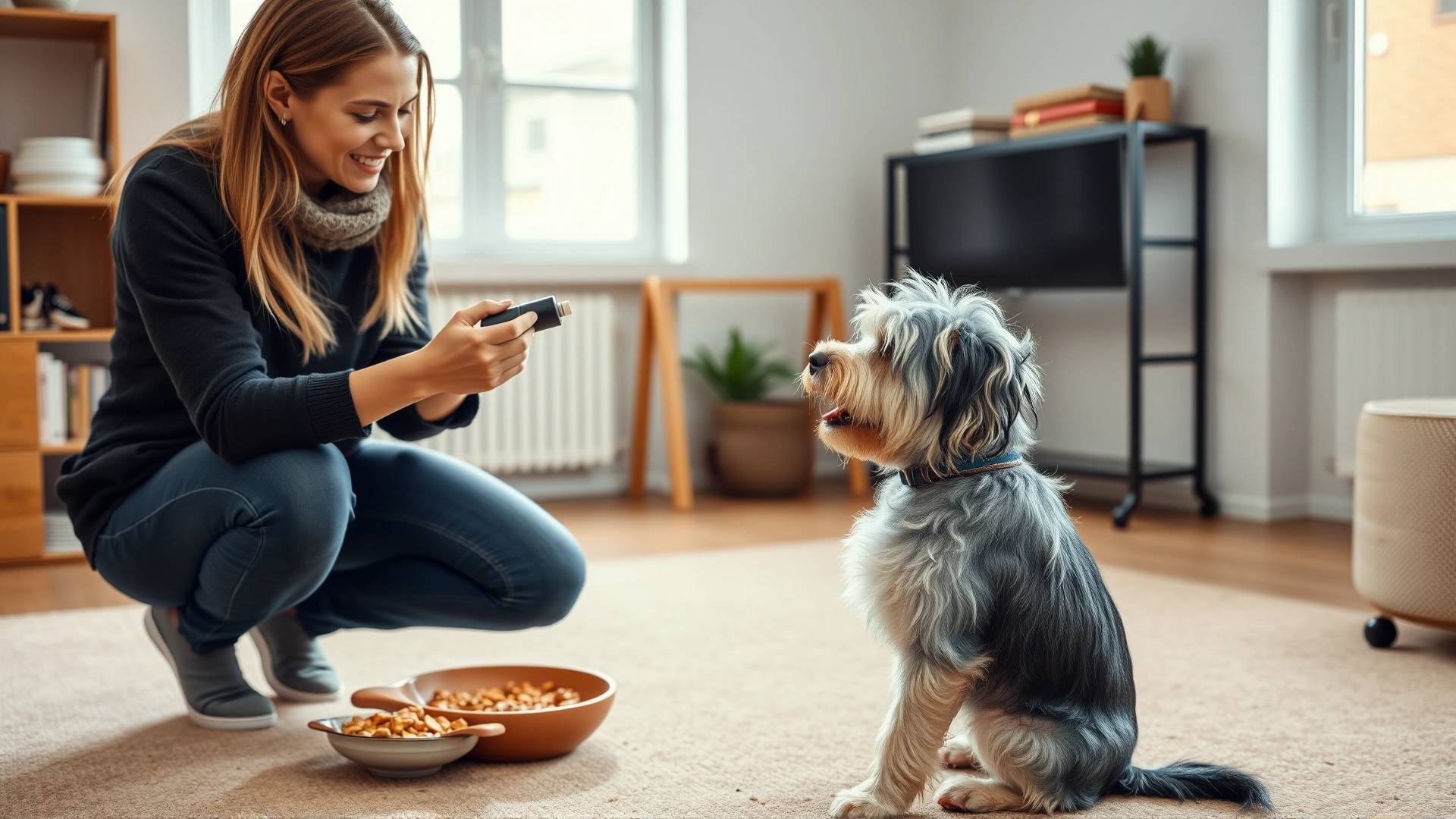 Dog trainer using a clicker and treats to teach a Tibetan Terrier to sit in a small indoor training studio, positive atmosphere