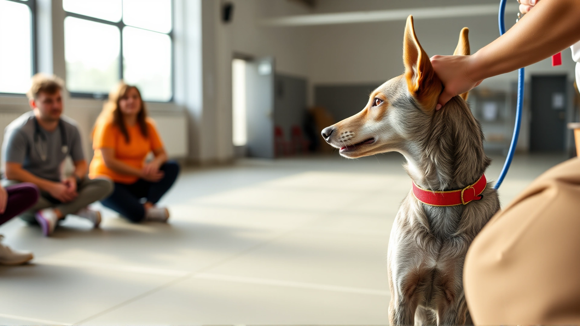 Xoloitzcuintli in a training class sitting and receiving a treat from a trainer inside a bright indoor facility.