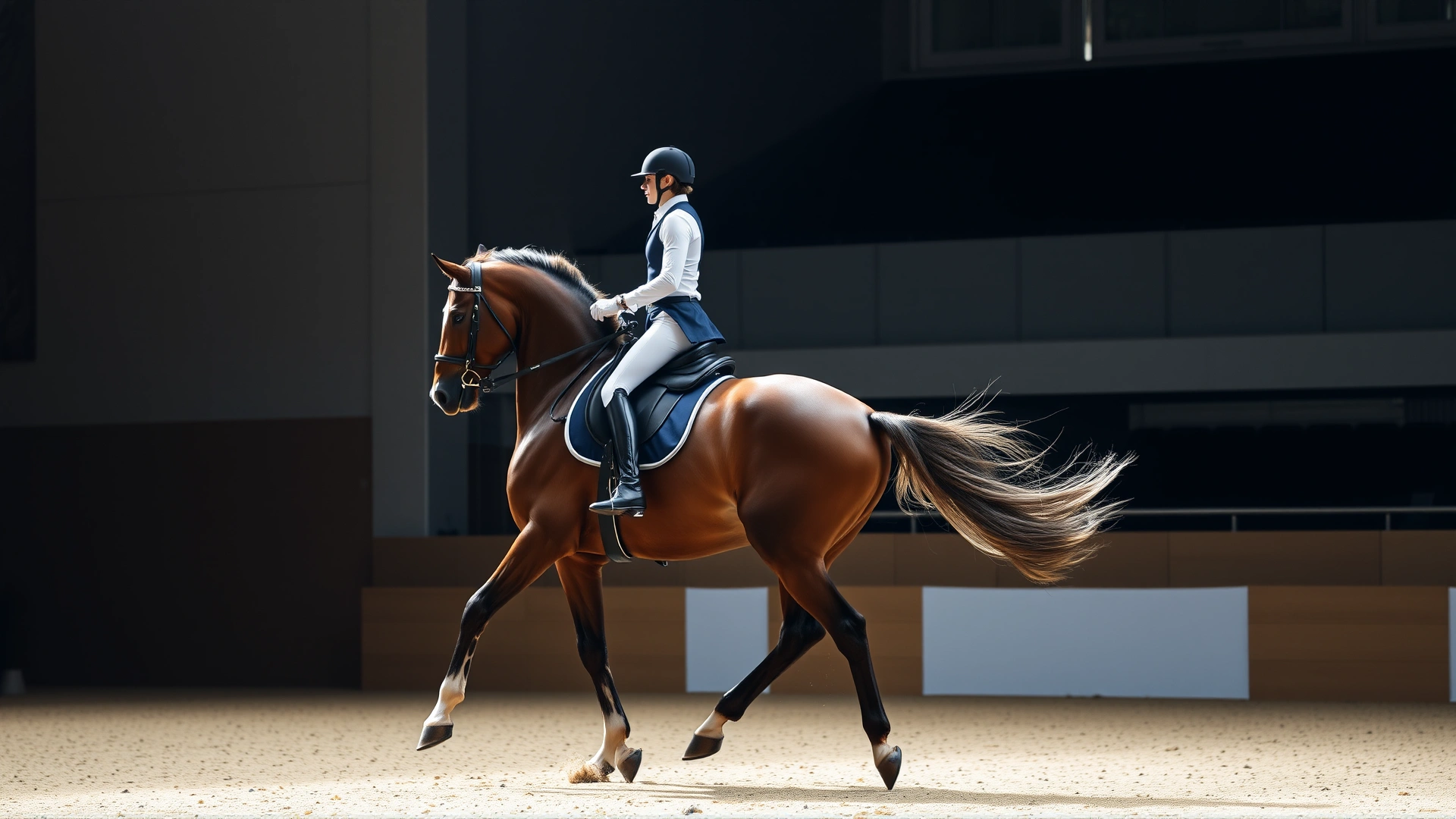 Dressage session: Gelderland horse performing an extended trot under saddle in an indoor arena, rider in formal attire, clear and sharp.