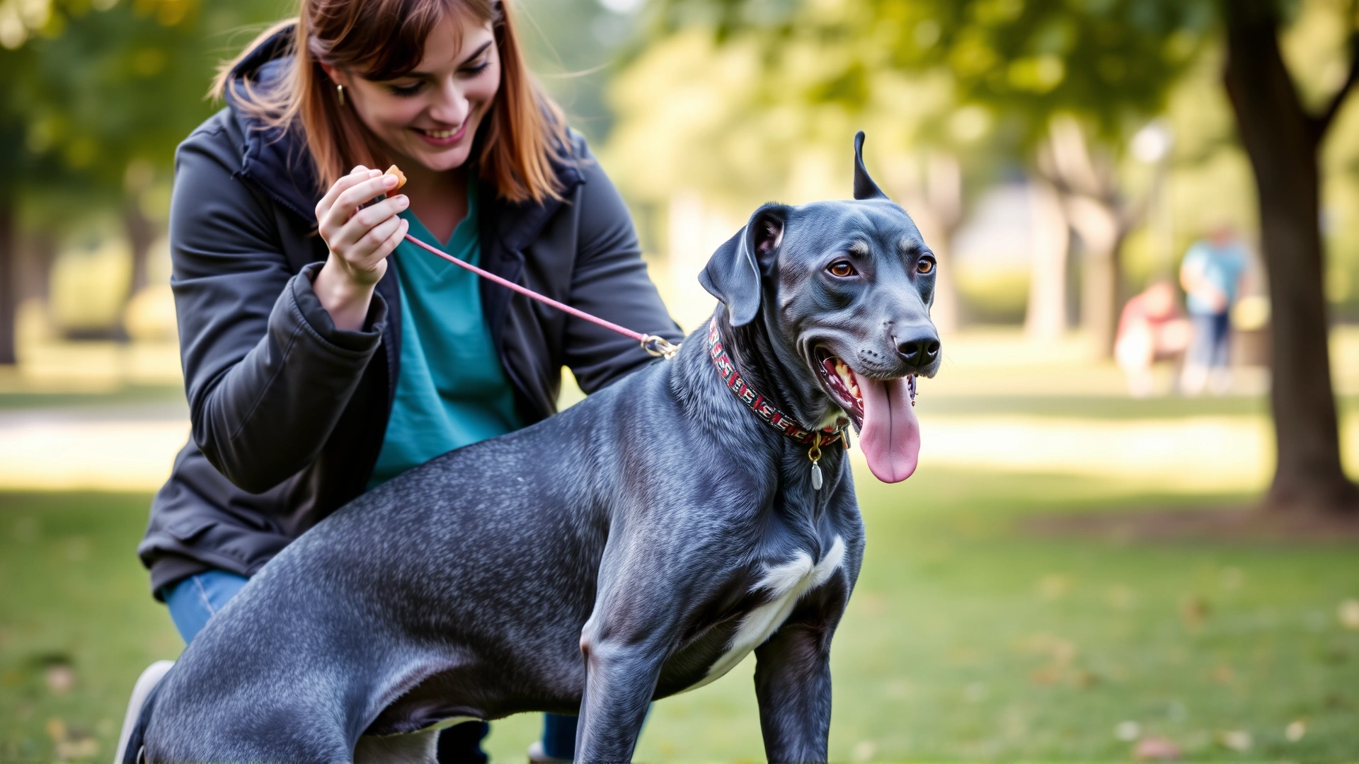 Owner rewarding a Blue Lacy with a treat during an advanced obedience session in a park.