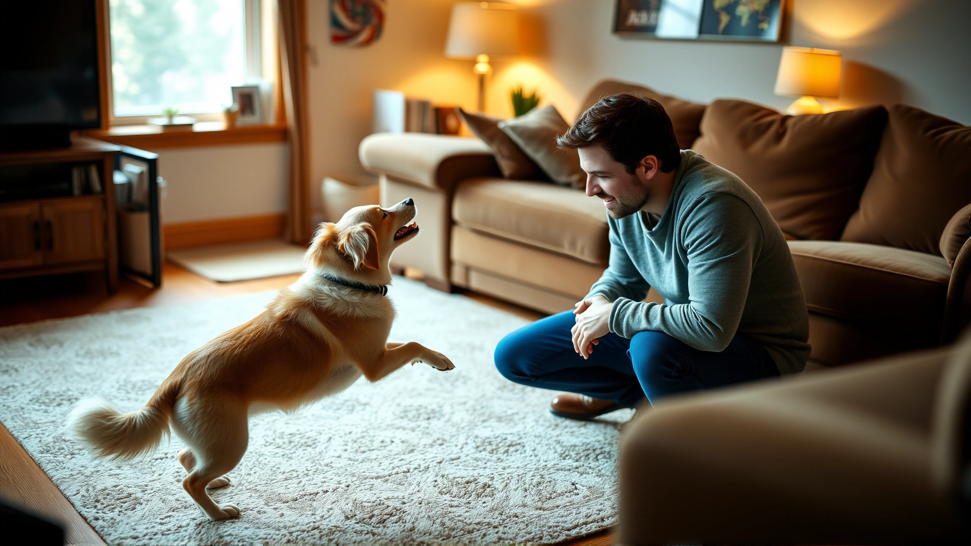 Owner kneeling in a cozy living room while calling a happy dog to come, minimal background distractions, natural warm lighting