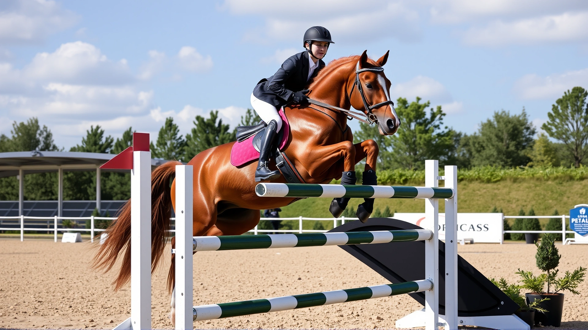 Modern equestrian scene of a rider in professional gear clearing a show-jump obstacle with a powerful chestnut Gidran horse in an outdoor arena