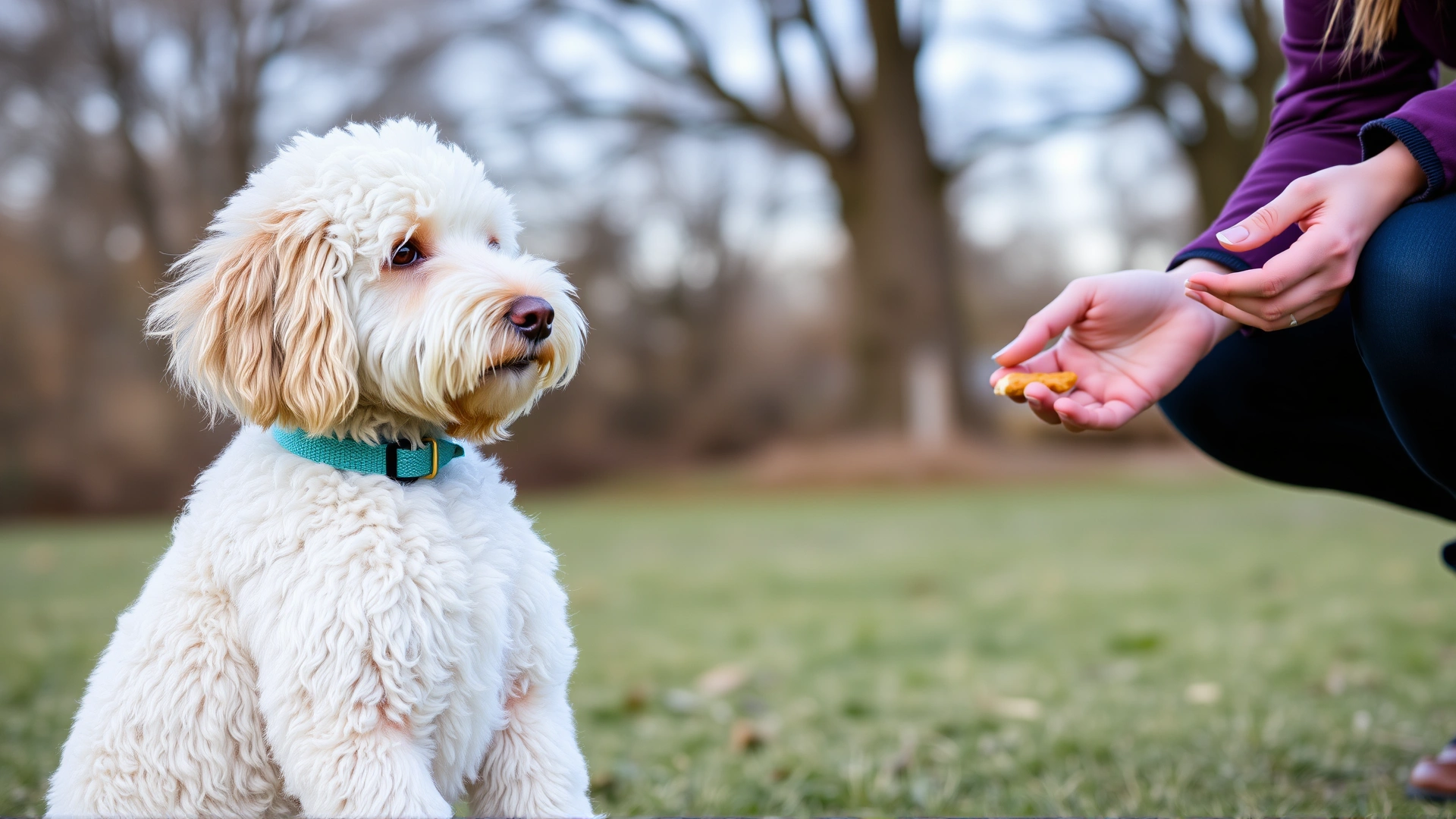An Irish Doodle attentively performing a sit command while its owner offers a treat during an outdoor training session.