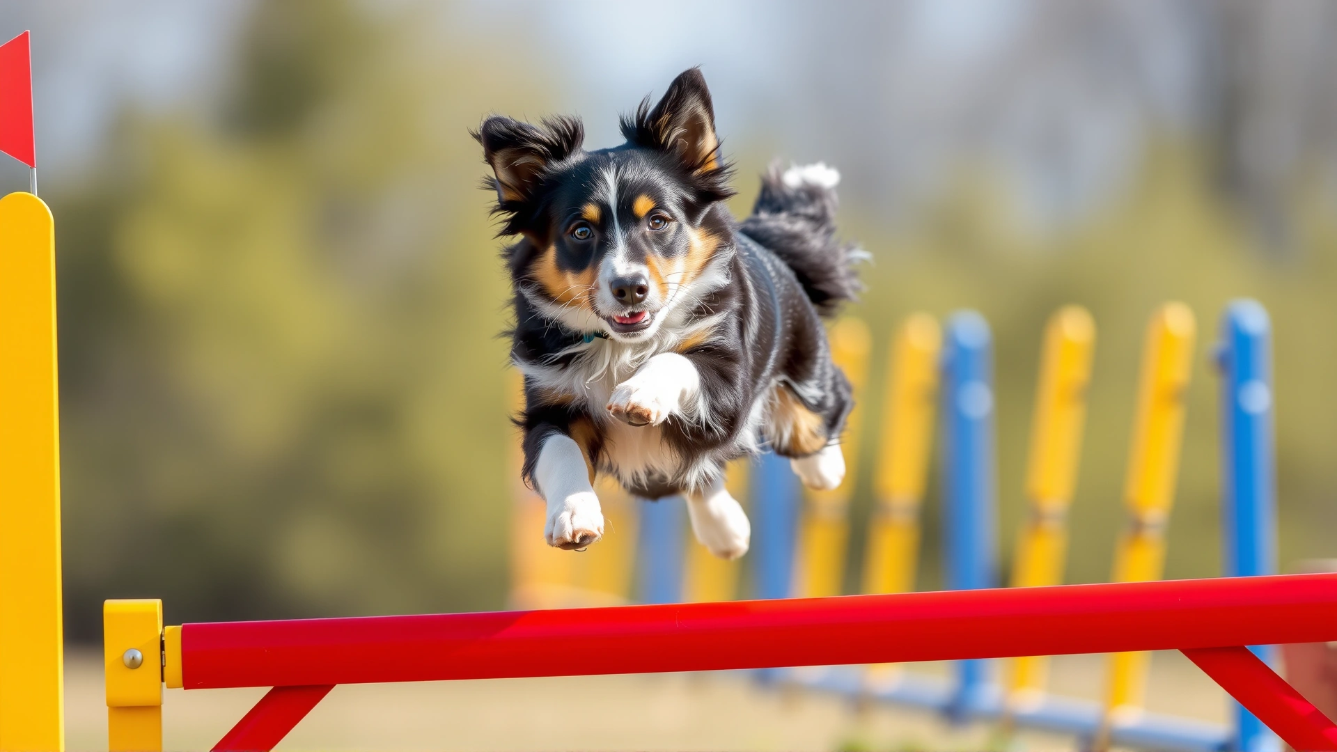 Miniature American Shepherd mid-air jumping over an agility hurdle, frozen motion, bright colors.