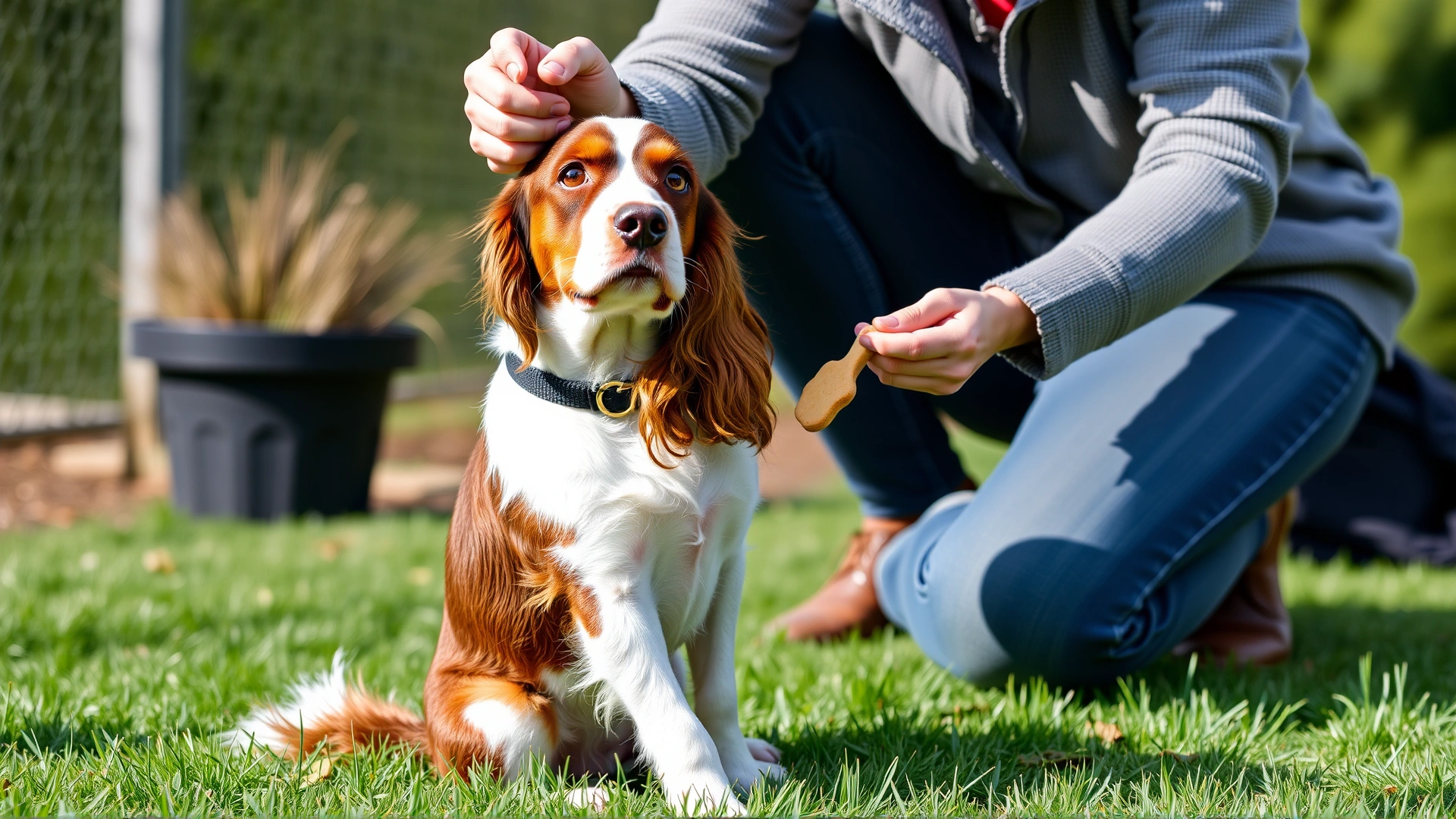 Owner teaching a Welsh Springer Spaniel to sit using a treat in an outdoor training session.
