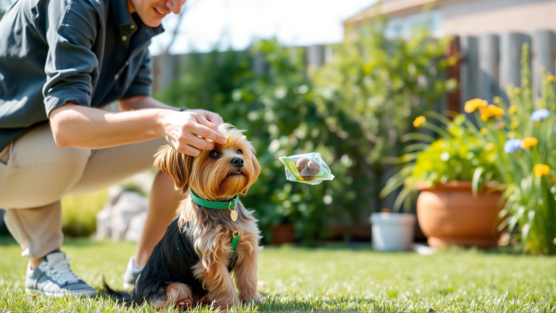 Owner training a Yorkiepoo to sit using treat rewards in a backyard, positive body language, sunny day