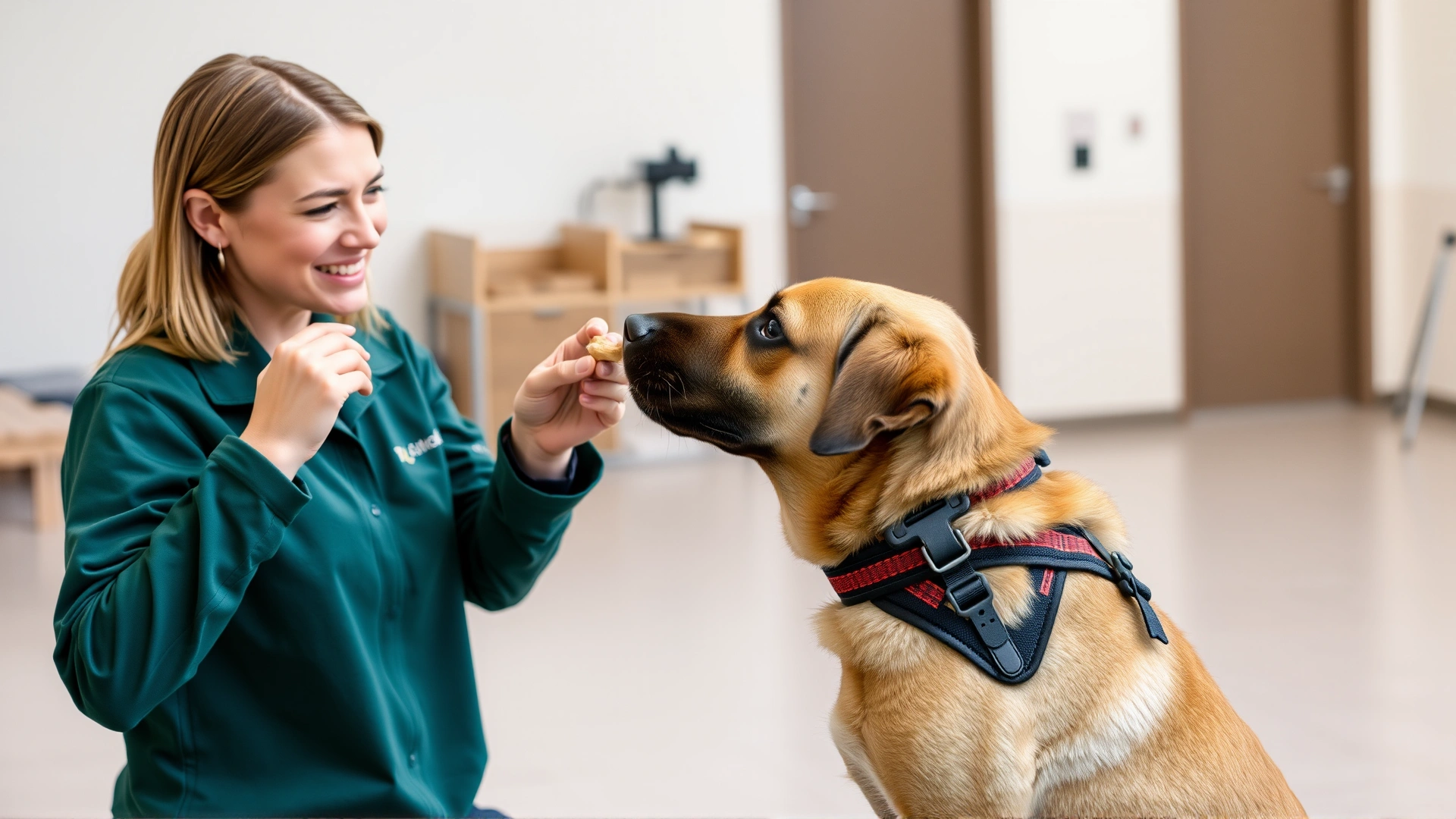 Trainer holding a treat and giving a verbal command to a blind dog wearing a harness in a quiet indoor training area