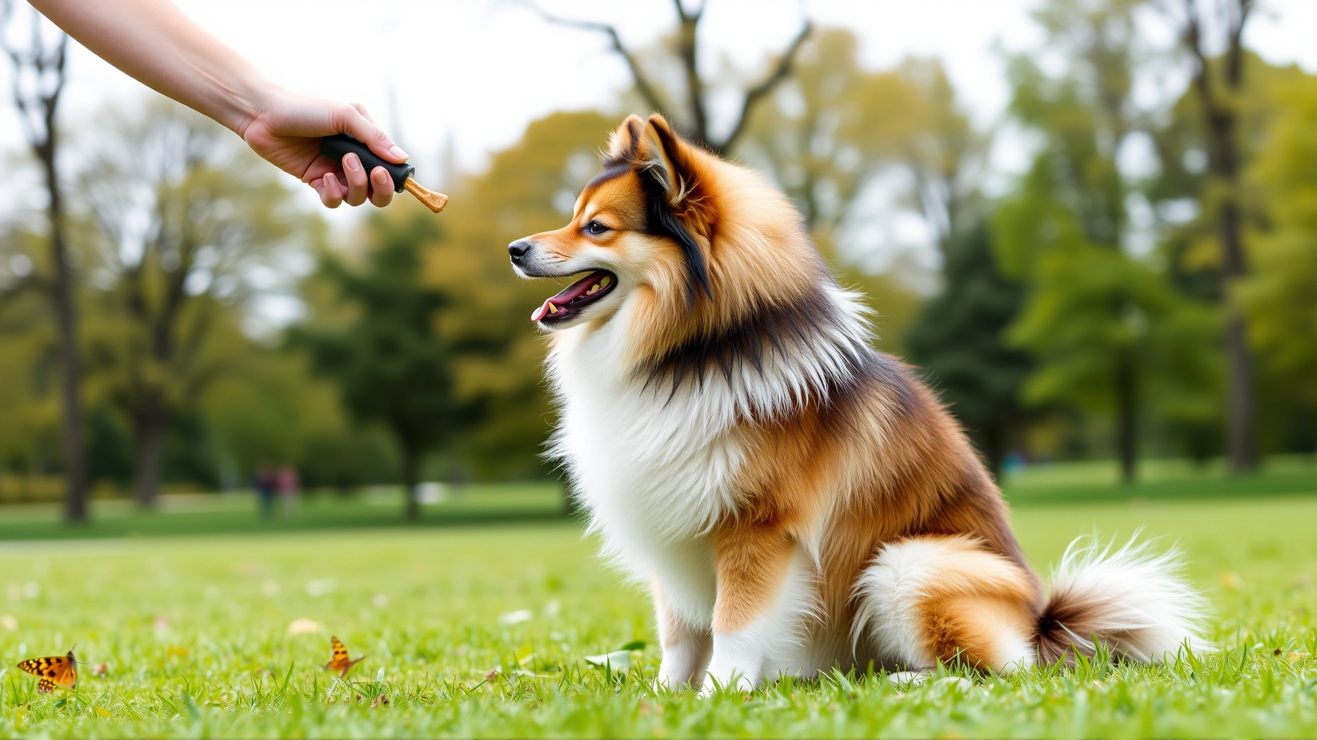 Finnish Spitz performing a sit command in a park; owner holding treat and clicker in hand