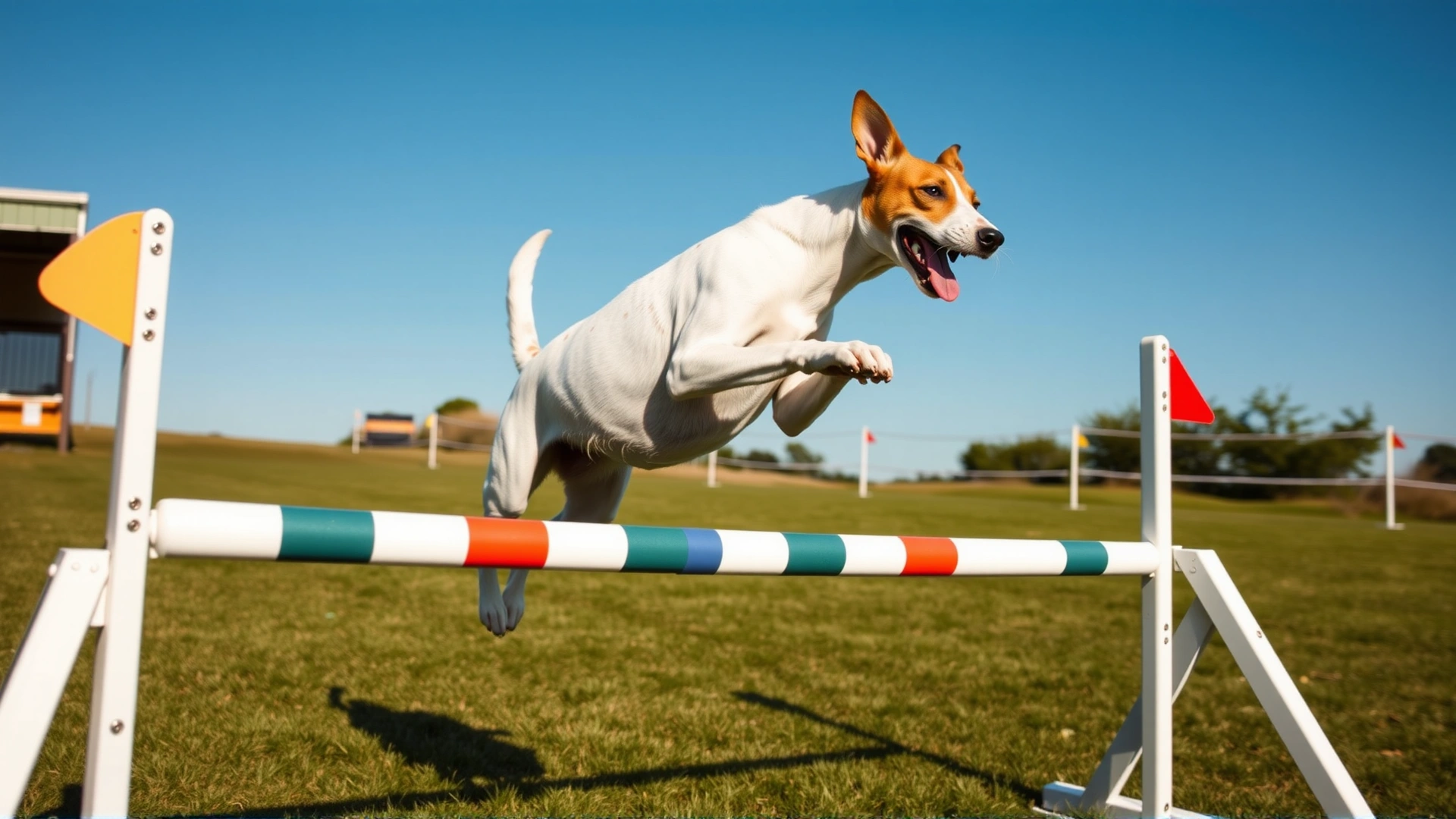 Smooth Fox Terrier mid-jump over an agility hurdle in an outdoor dog agility course, bright clear sky, action shot