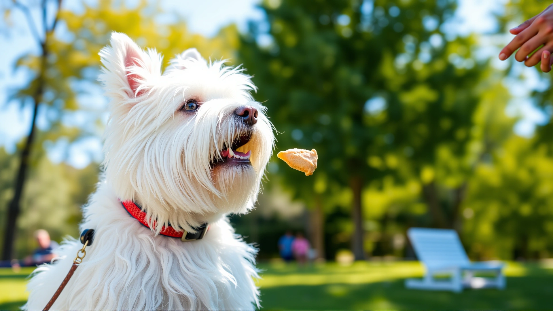 Westie performing obedience training in a sunny park, owner offering a treat with hand gesture, bright and lively atmosphere