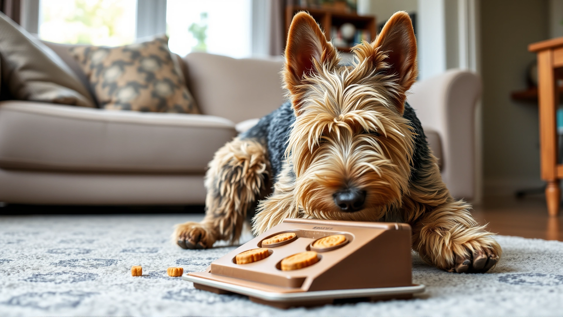 Lakeland Terrier solving a treat puzzle toy on a living room floor, showcasing mental engagement, no text.
