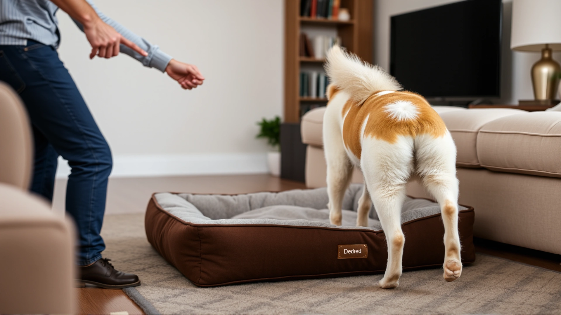 Owner pointing to a designated dog bed while the dog walks toward it, living room setting, natural light, candid action shot.