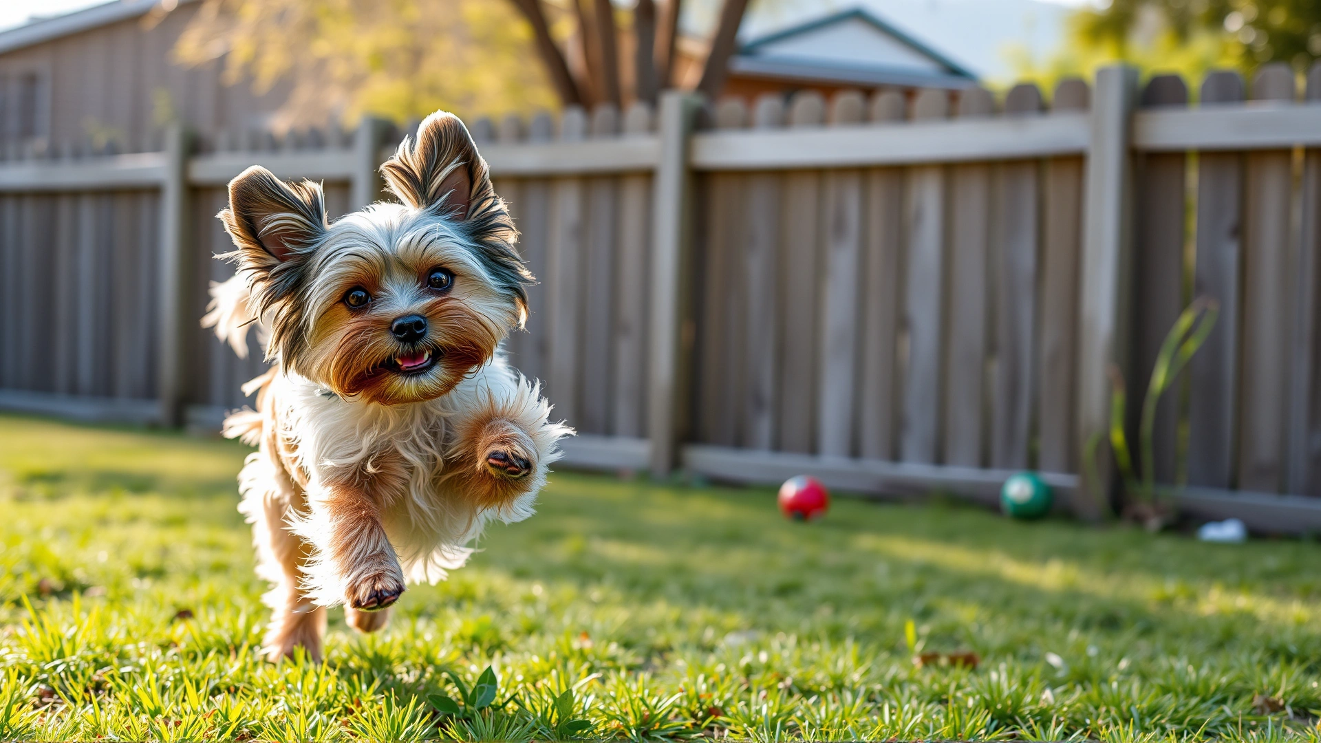 A Shorkie mid-jump while playing fetch with its owner in a fenced backyard, captured in motion, bright afternoon light.