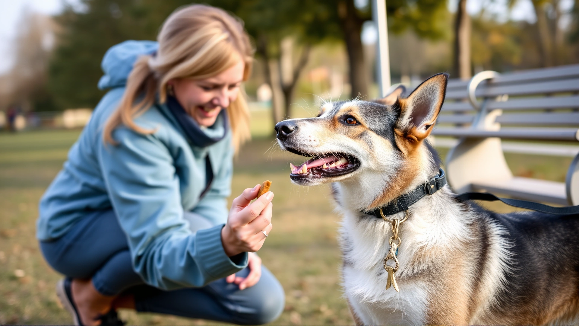 Dog trainer giving a Norwegian Lundehund a treat while practicing basic commands in a park, clear weather