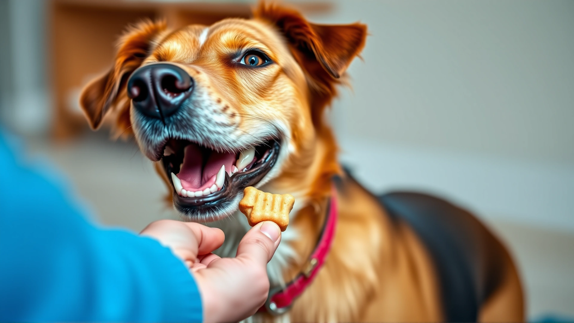 Hand offering a small treat to a joyful mixed-breed dog after a successful command, soft-focus background.