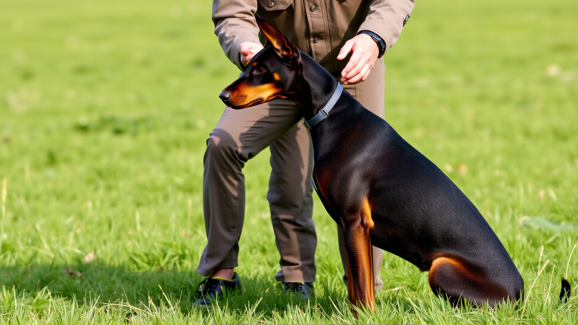 Owner practicing obedience with a Doberman Pinscher in a grassy field; the dog is performing a perfect 'sit' command.